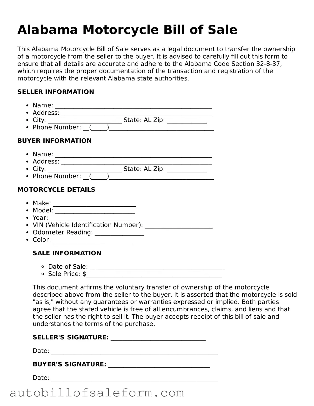 Free  Motorcycle Bill of Sale Template for Alabama