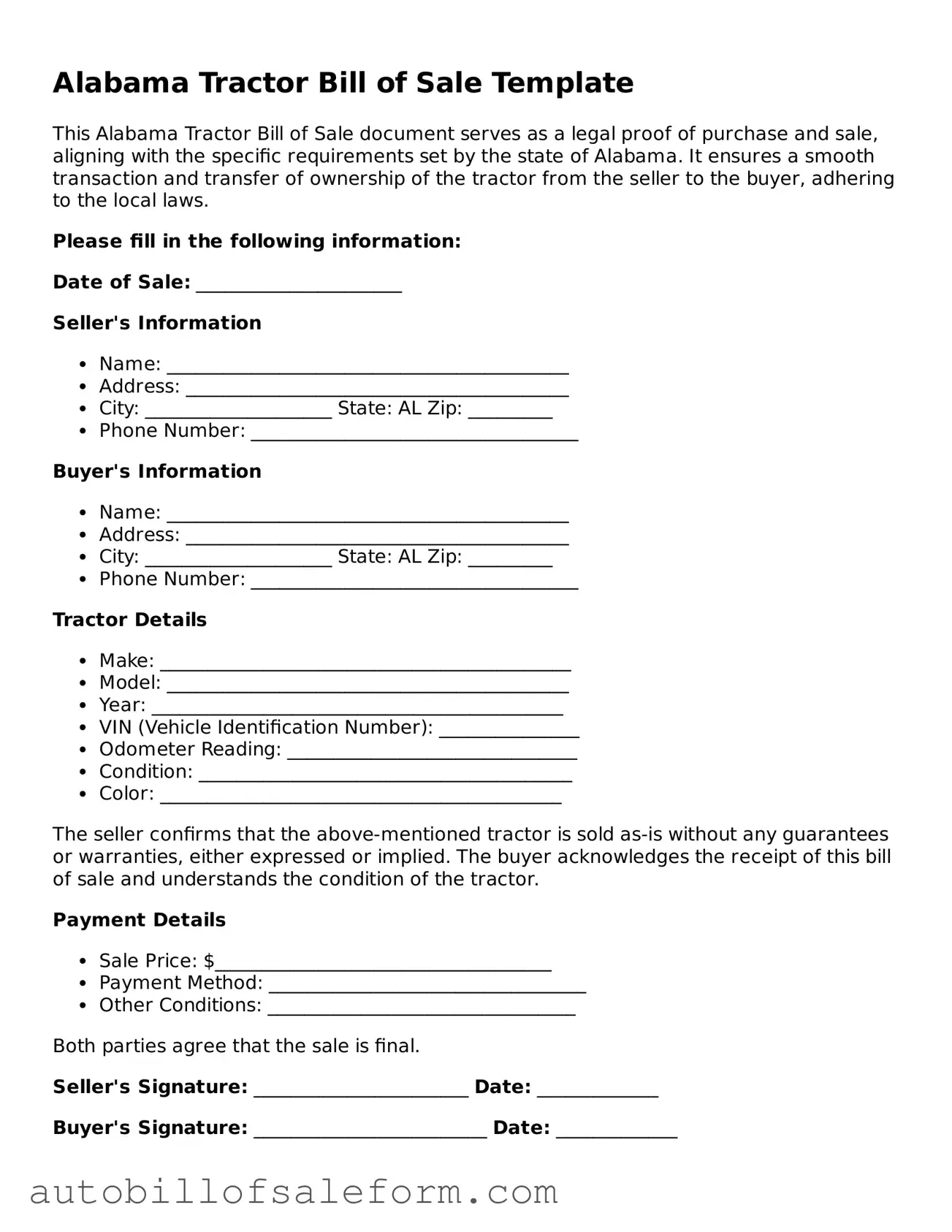 Free  Tractor Bill of Sale Template for Alabama
