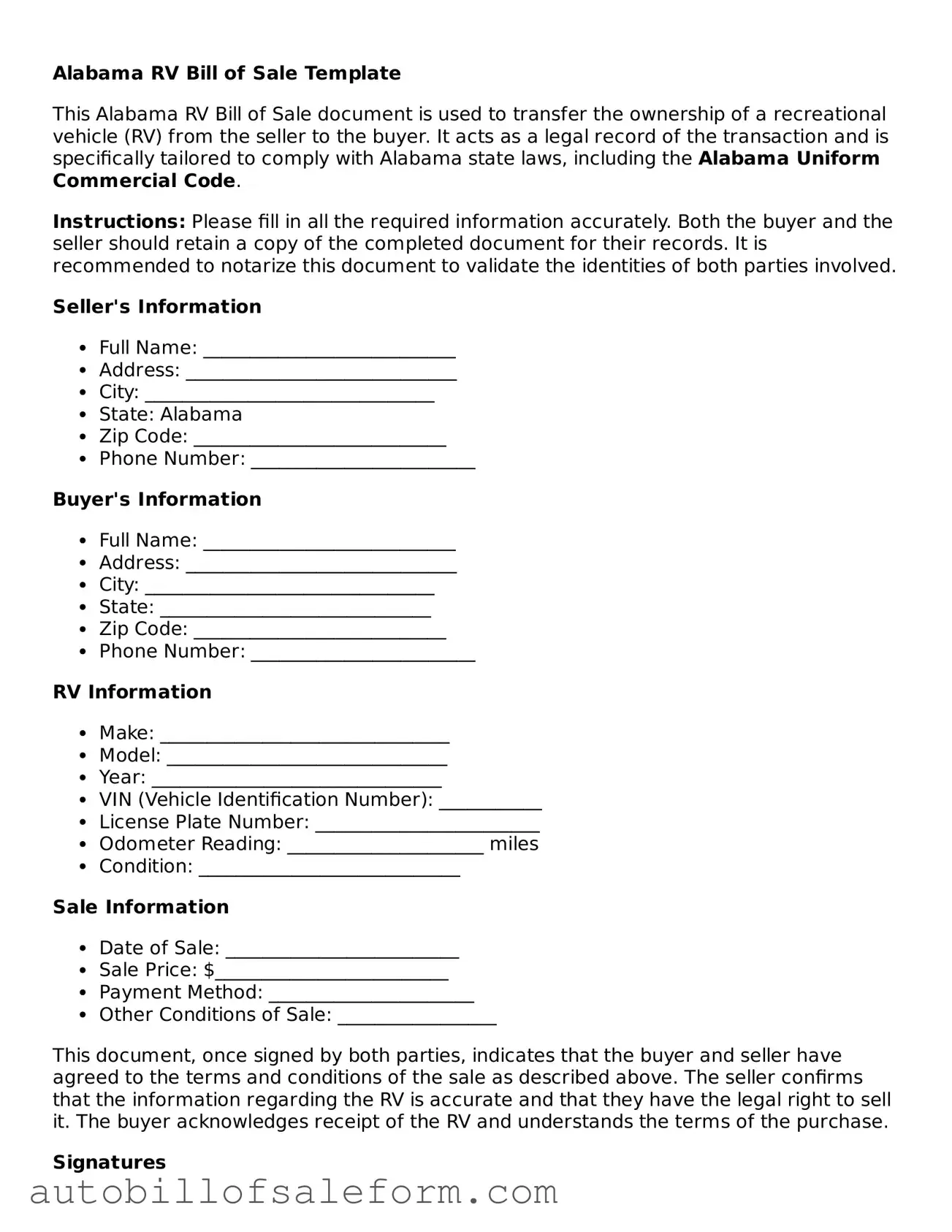 Free  RV Bill of Sale Template for Alabama