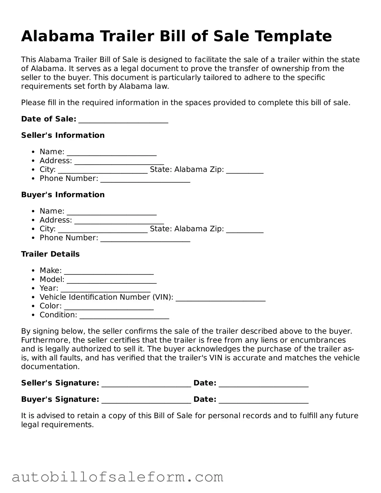 Free  Trailer Bill of Sale Template for Alabama