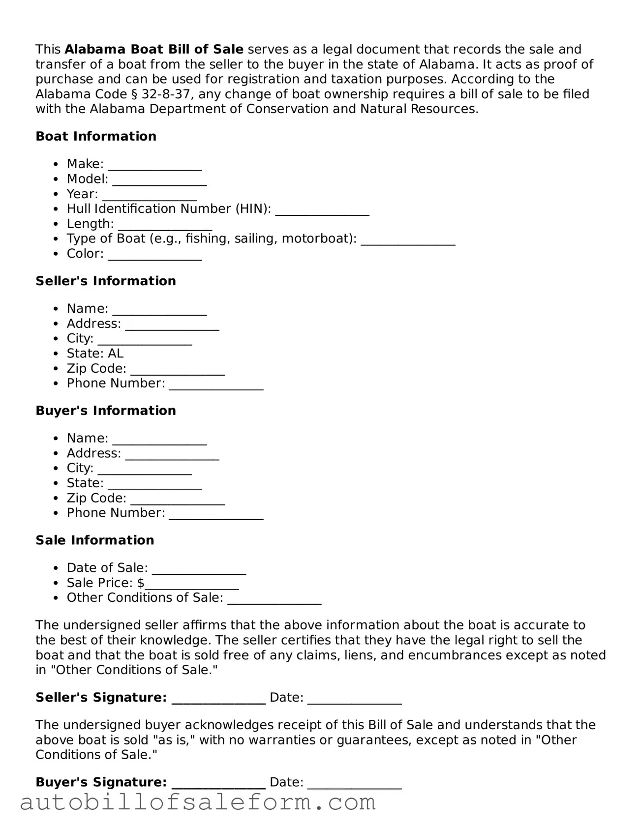 Free  Boat Bill of Sale Template for Alabama