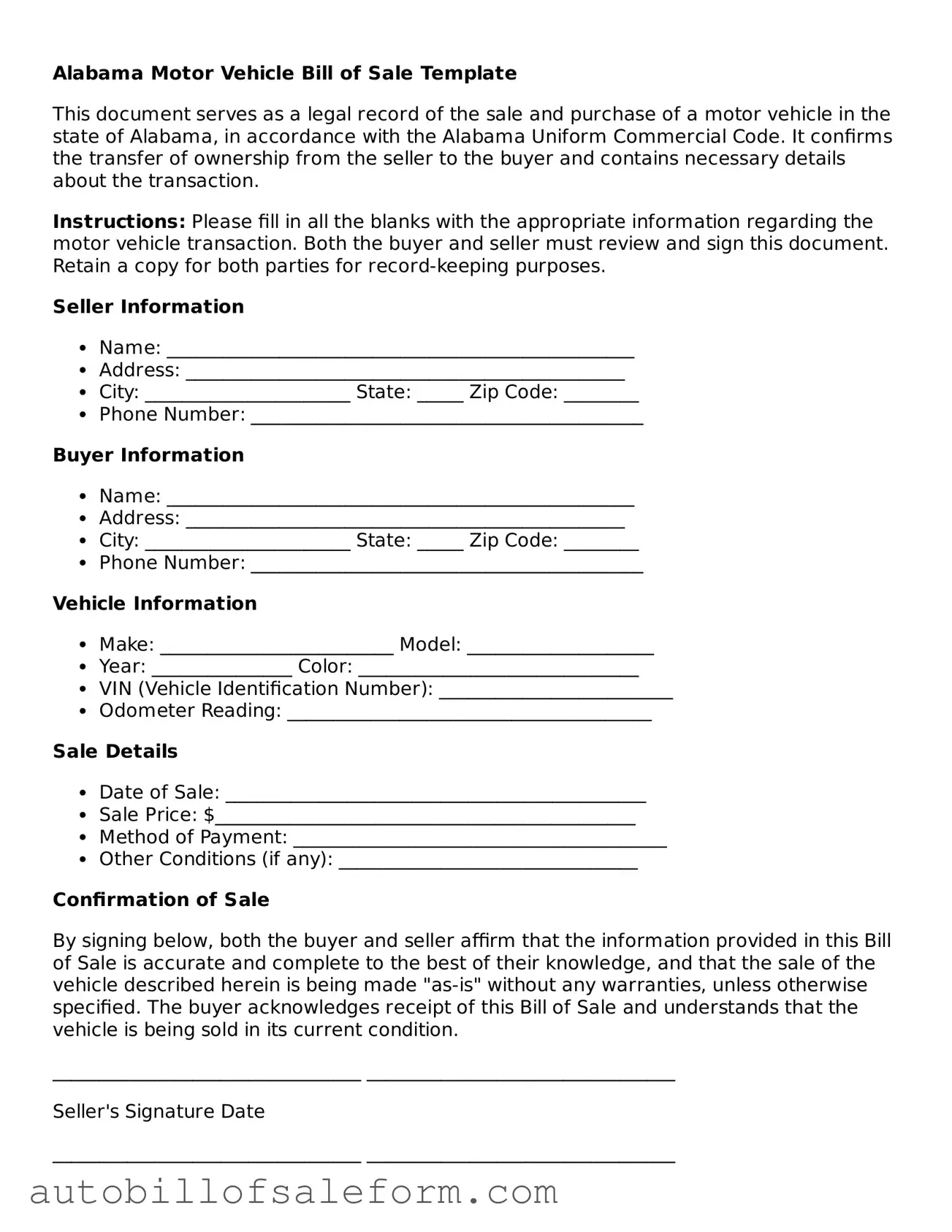 Free  Motor Vehicle Bill of Sale Template for Alabama