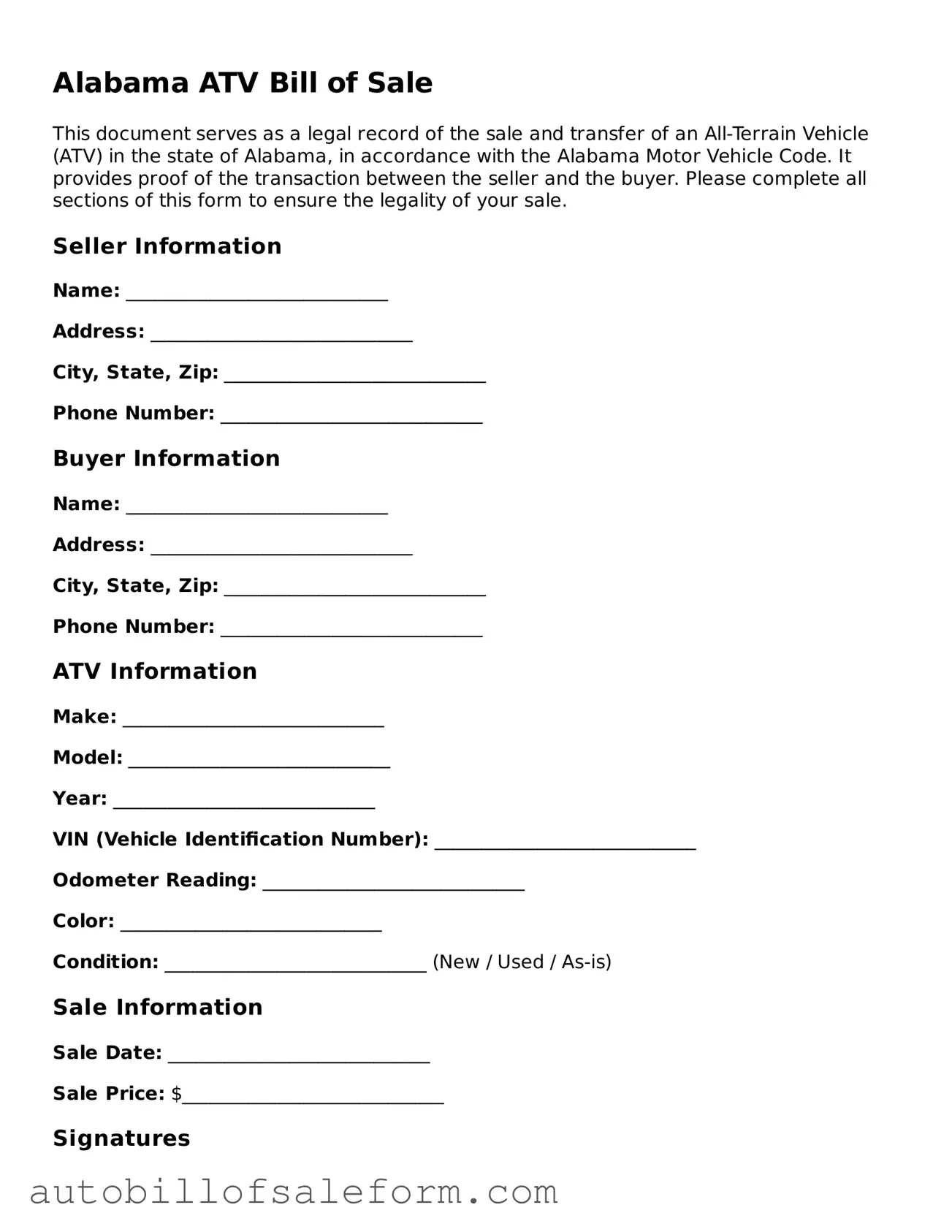 Free  ATV Bill of Sale Template for Alabama