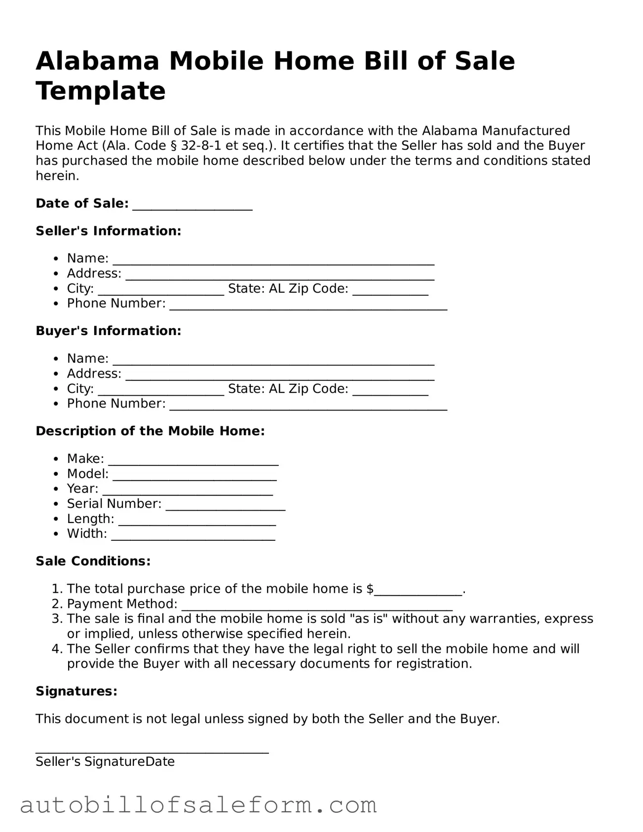Free  Mobile Home Bill of Sale Template for Alabama