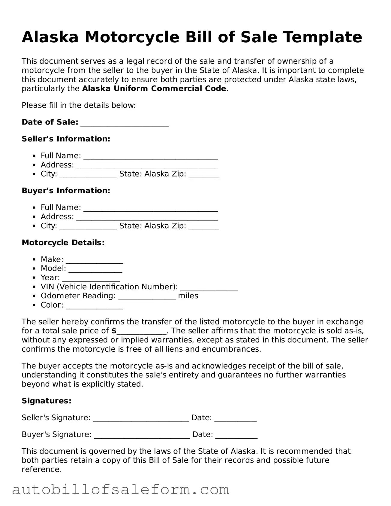 Free  Motorcycle Bill of Sale Template for Alaska