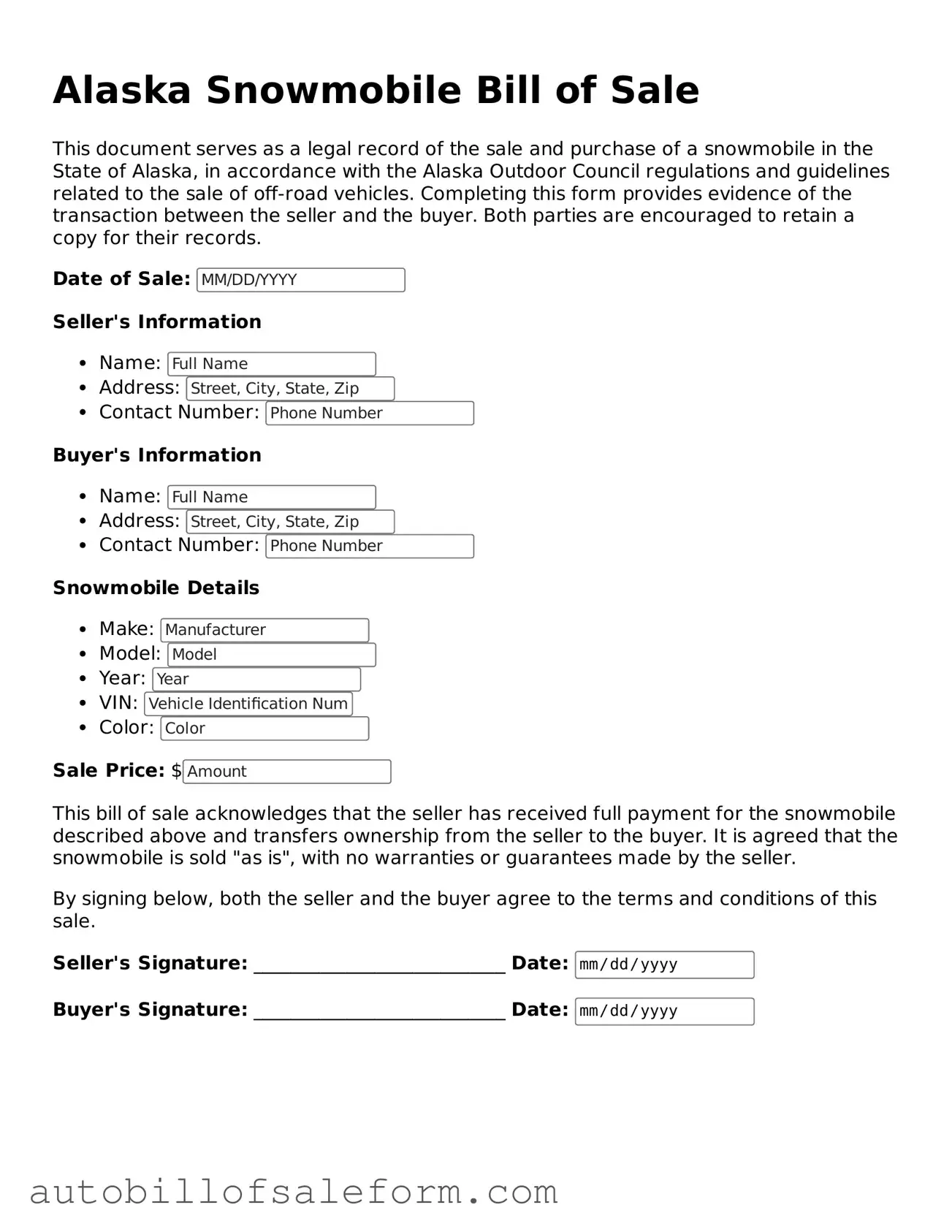 Free  Snowmobile Bill of Sale Template for Alaska