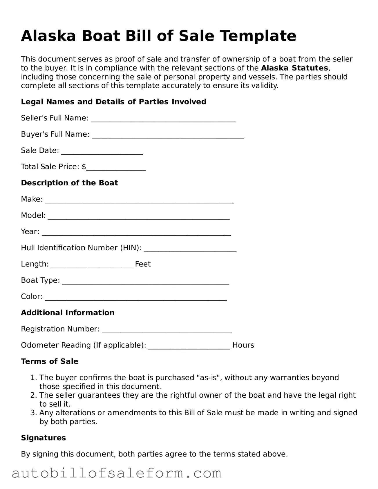 Free  Boat Bill of Sale Template for Alaska