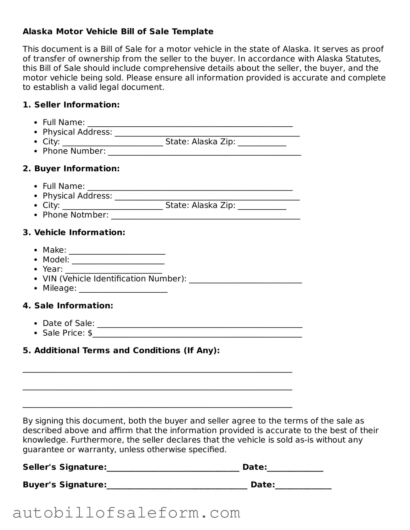 Free  Motor Vehicle Bill of Sale Template for Alaska