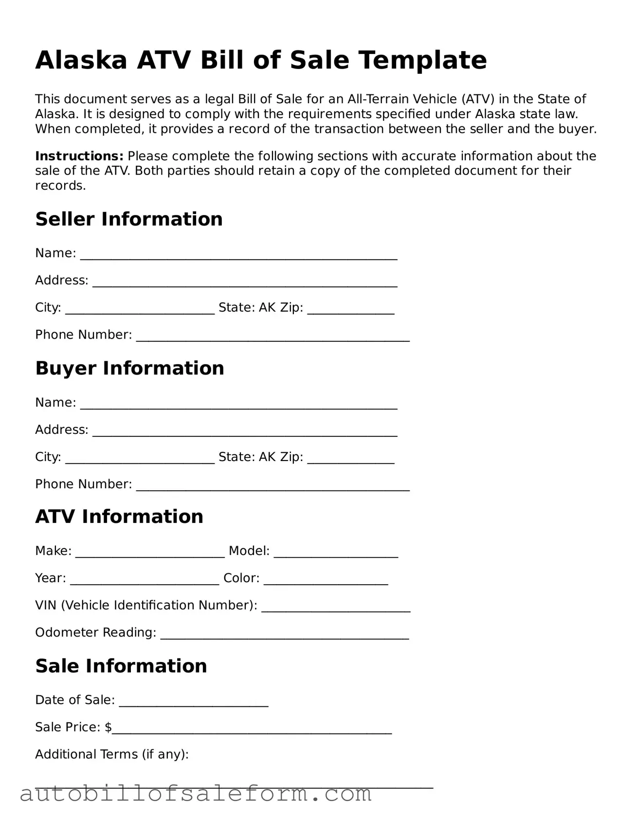 Free  ATV Bill of Sale Template for Alaska