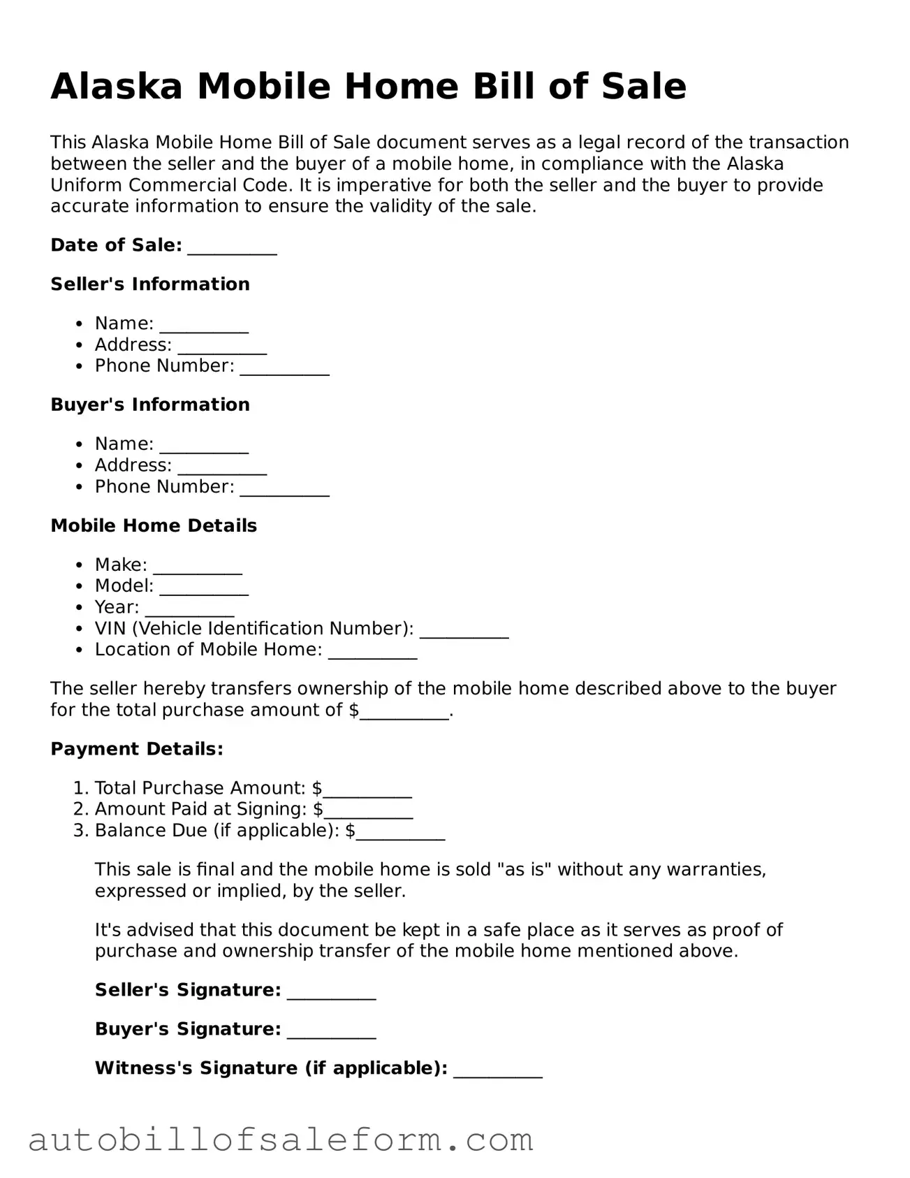 Free  Mobile Home Bill of Sale Template for Alaska