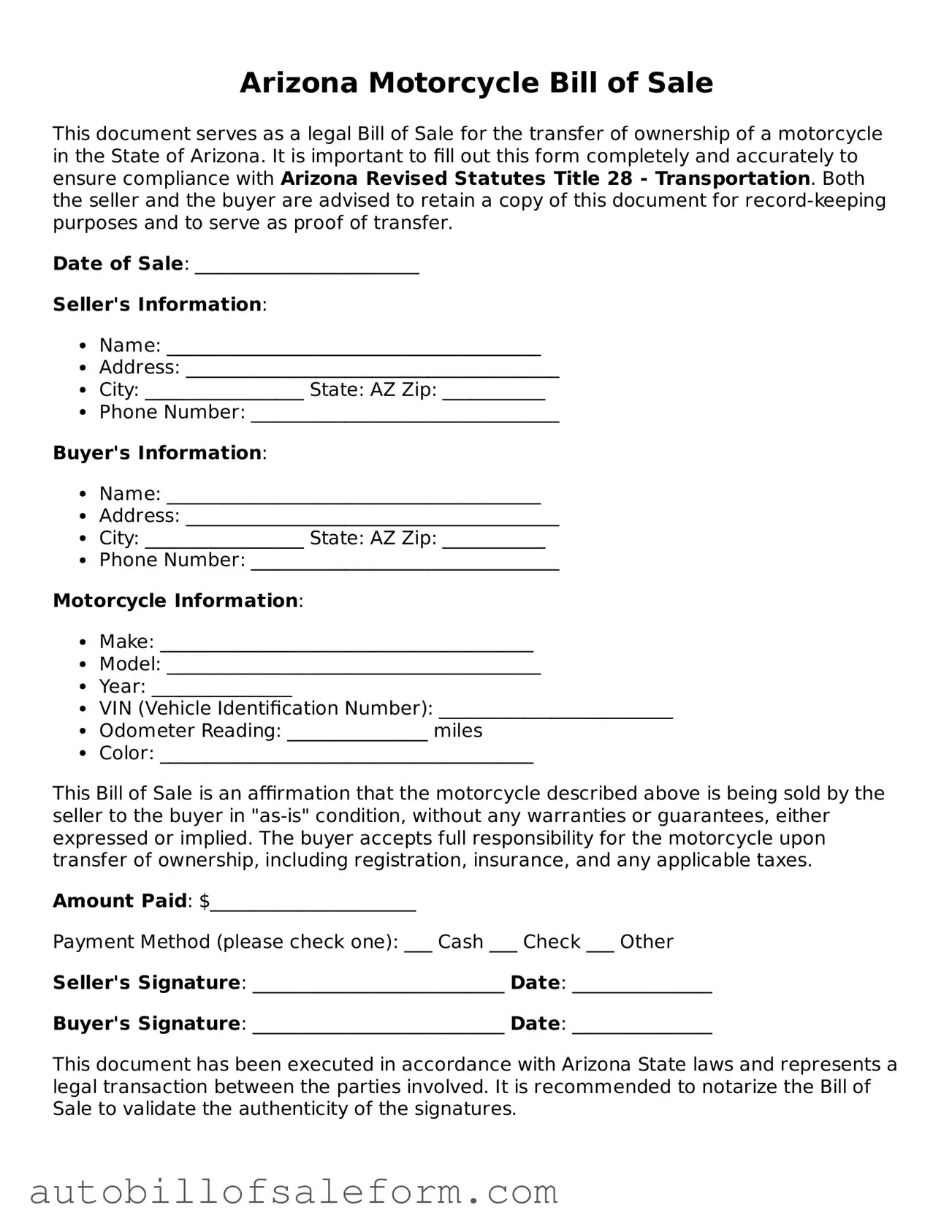 Free  Motorcycle Bill of Sale Template for Arizona