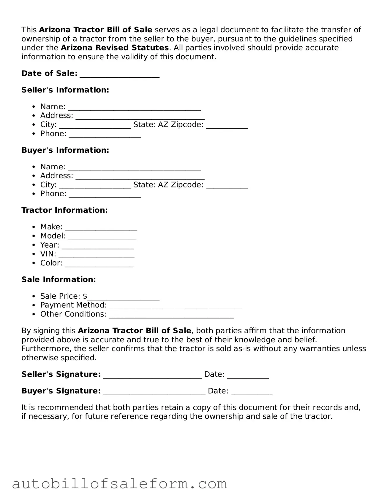 Free  Tractor Bill of Sale Template for Arizona