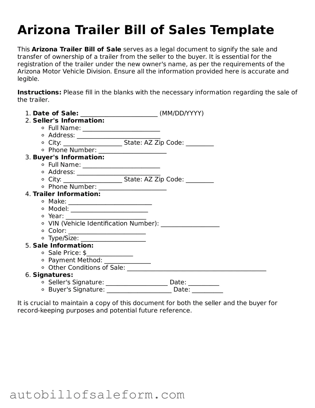 Free  Trailer Bill of Sale Template for Arizona