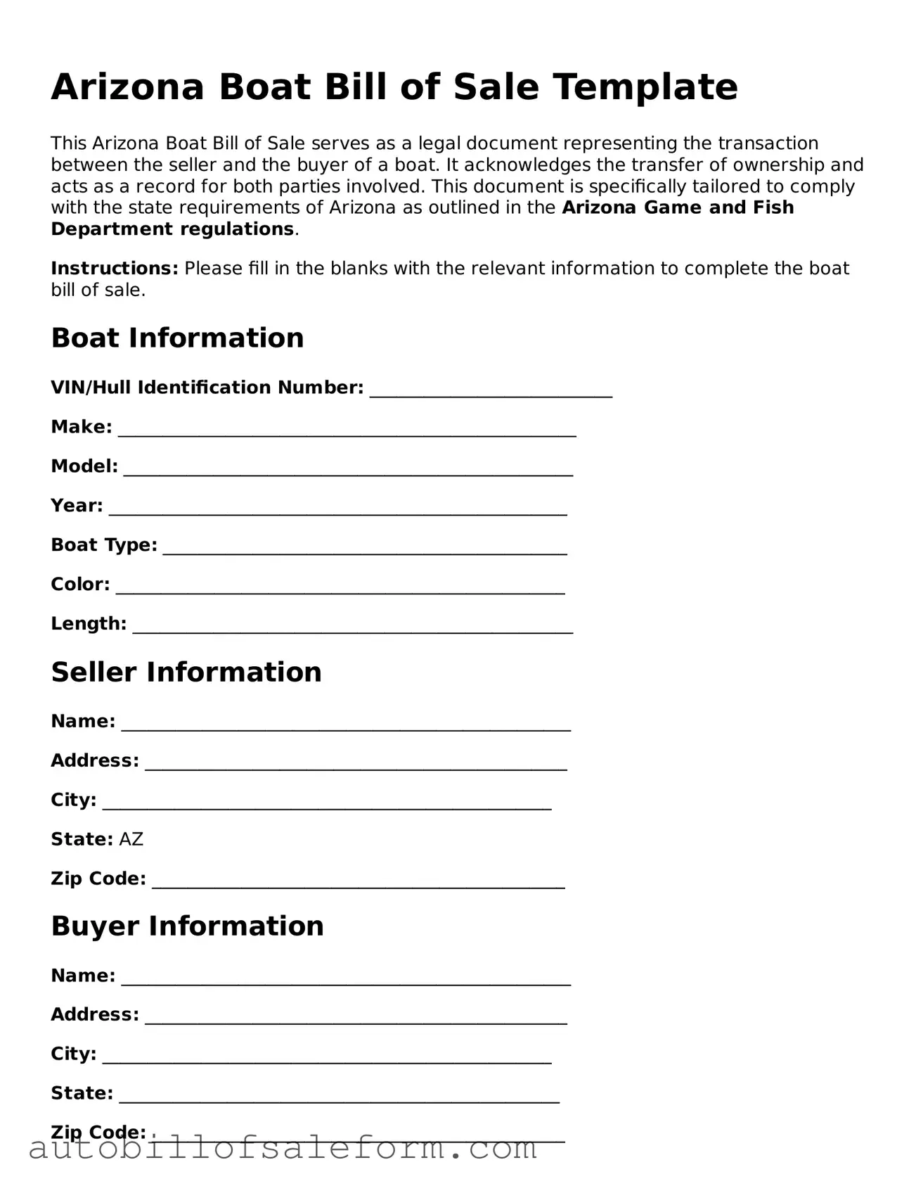 Free  Boat Bill of Sale Template for Arizona