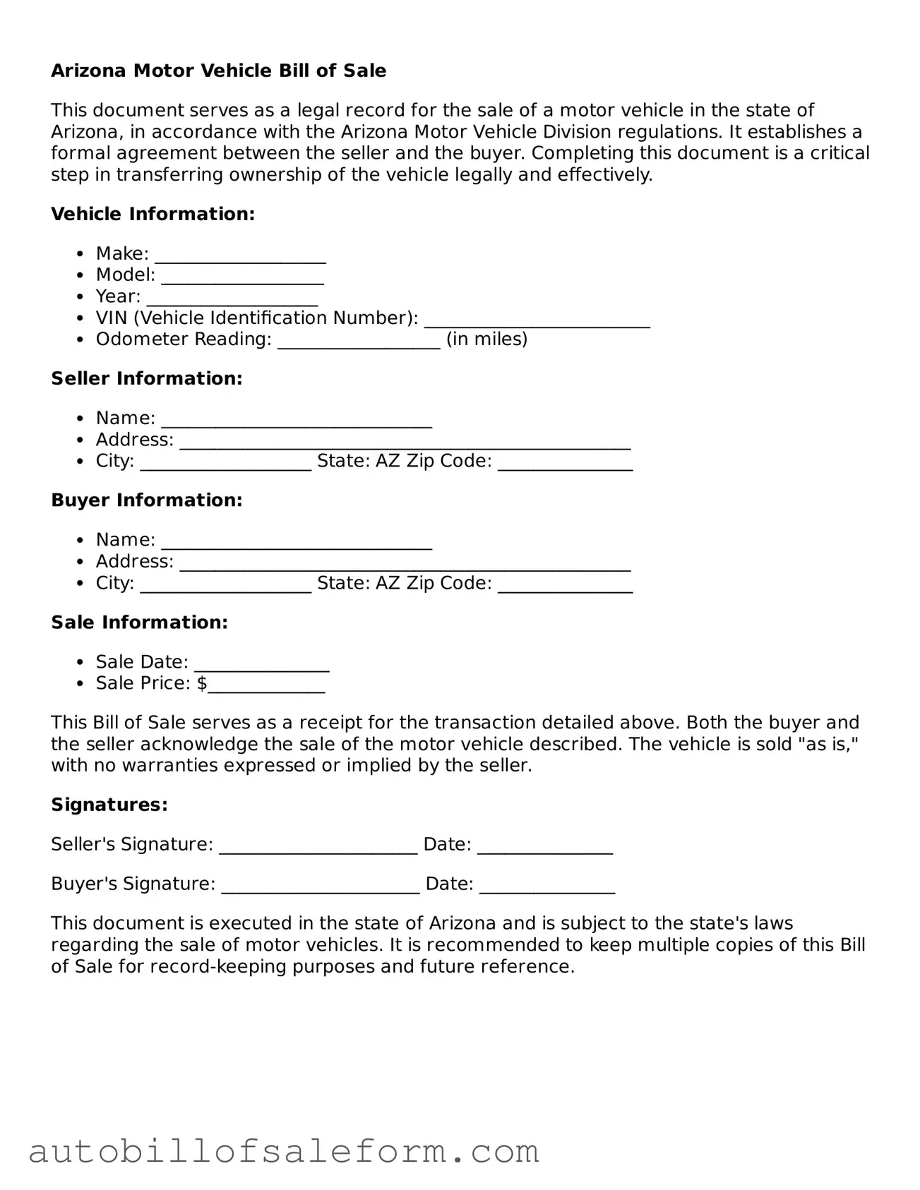 Free  Motor Vehicle Bill of Sale Template for Arizona