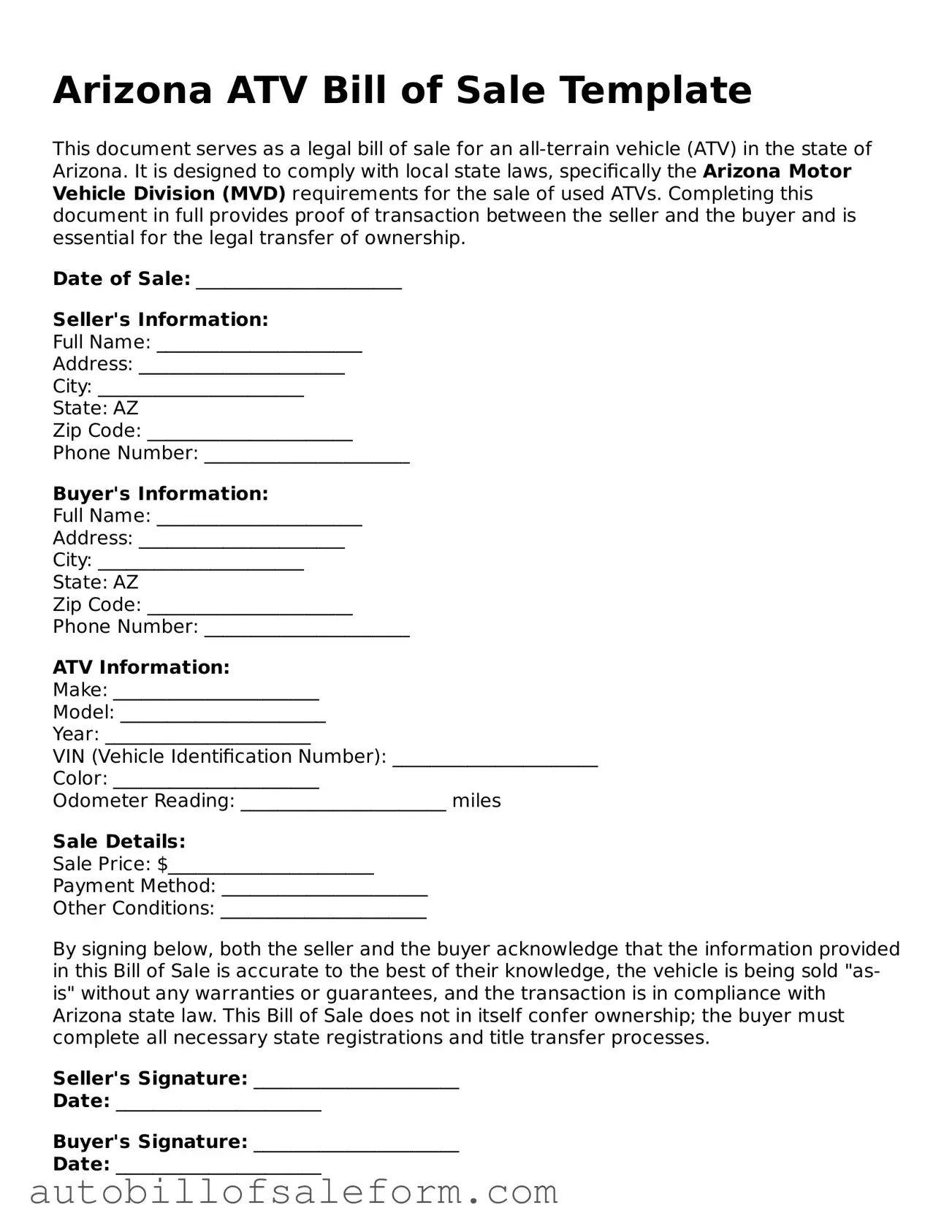 Free  ATV Bill of Sale Template for Arizona