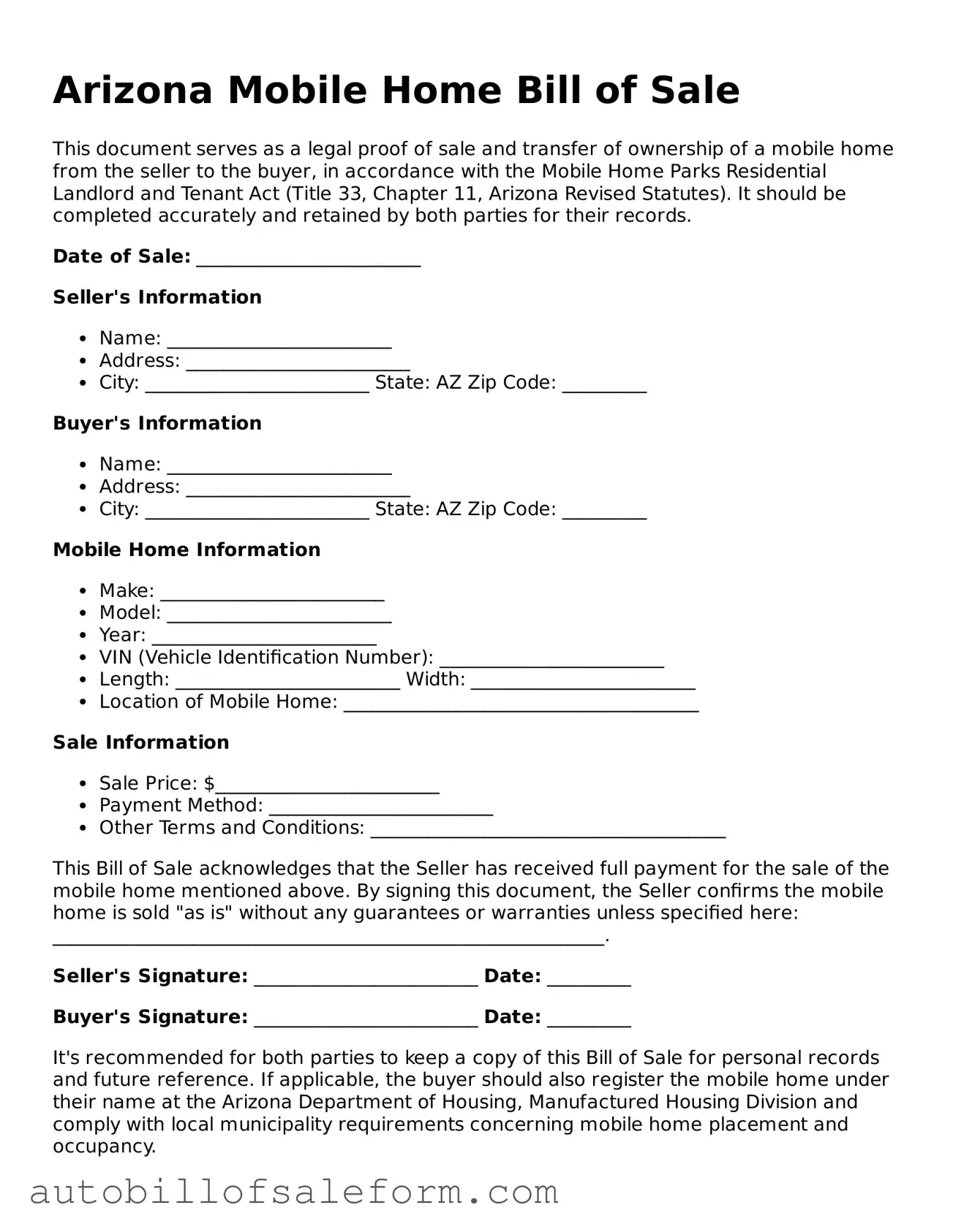 Free  Mobile Home Bill of Sale Template for Arizona