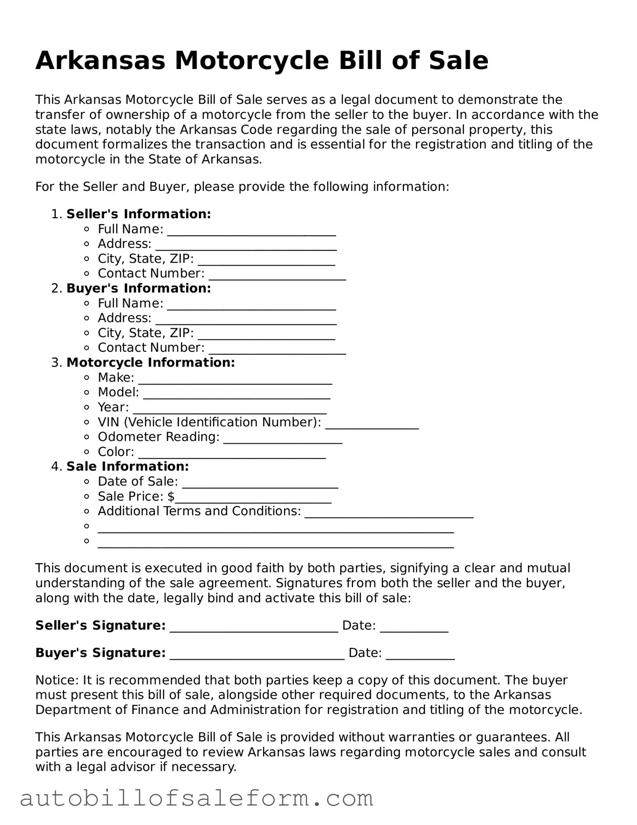 Free  Motorcycle Bill of Sale Template for Arkansas