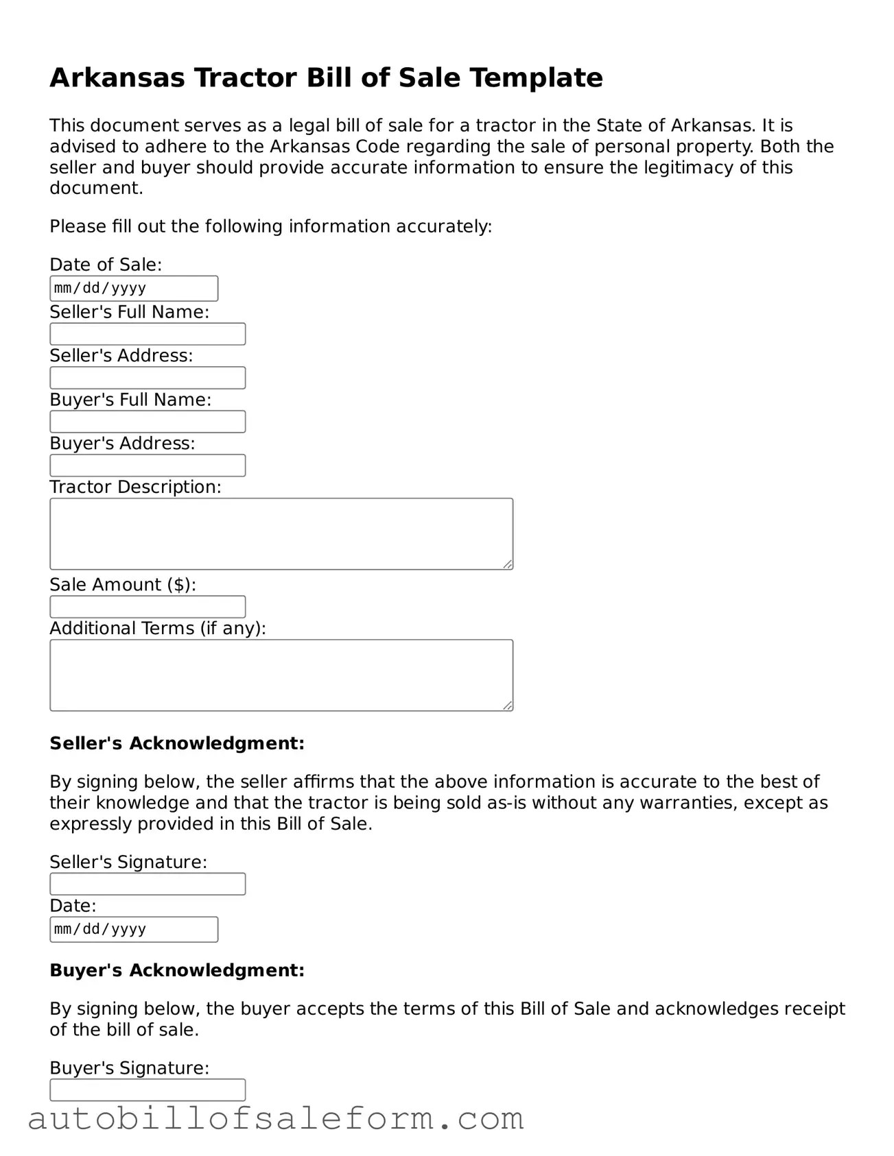Free  Tractor Bill of Sale Template for Arkansas