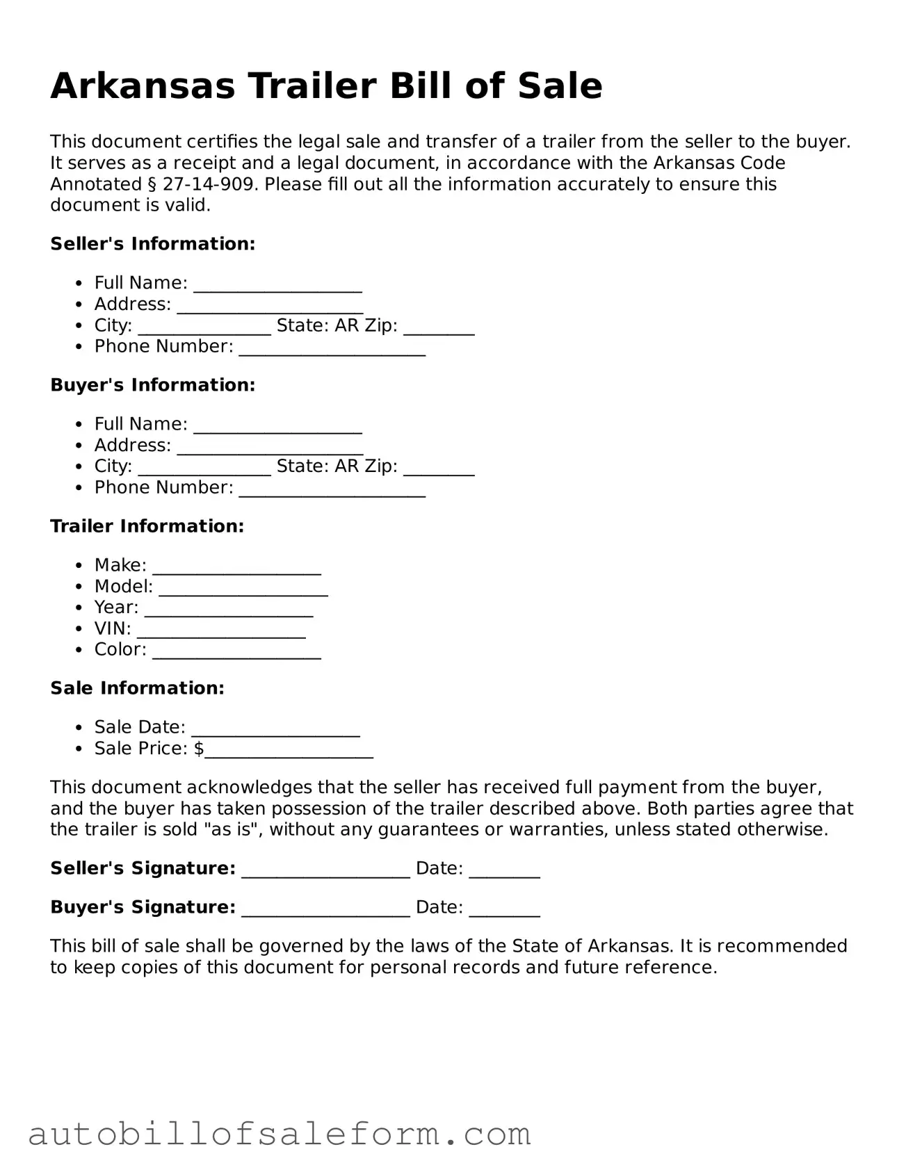 Free  Trailer Bill of Sale Template for Arkansas