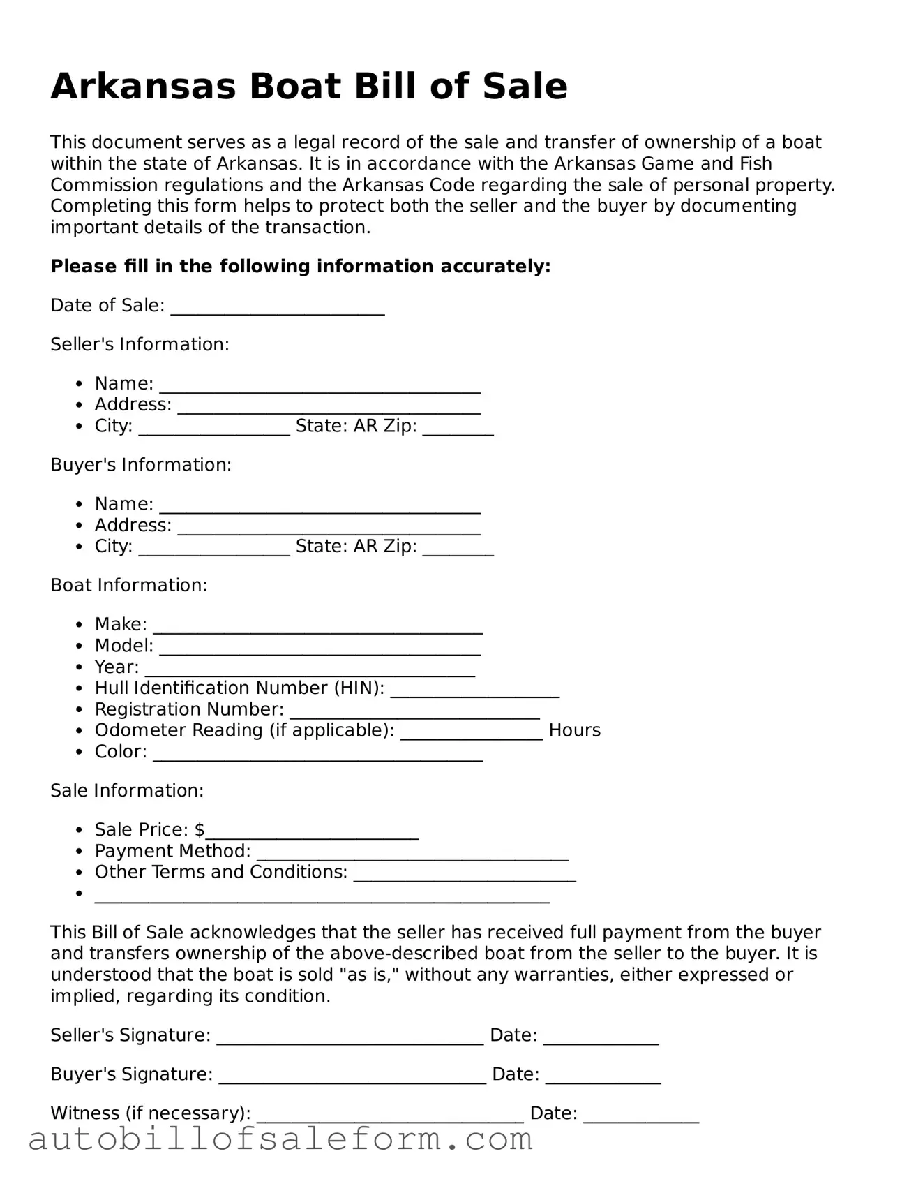 Free  Boat Bill of Sale Template for Arkansas
