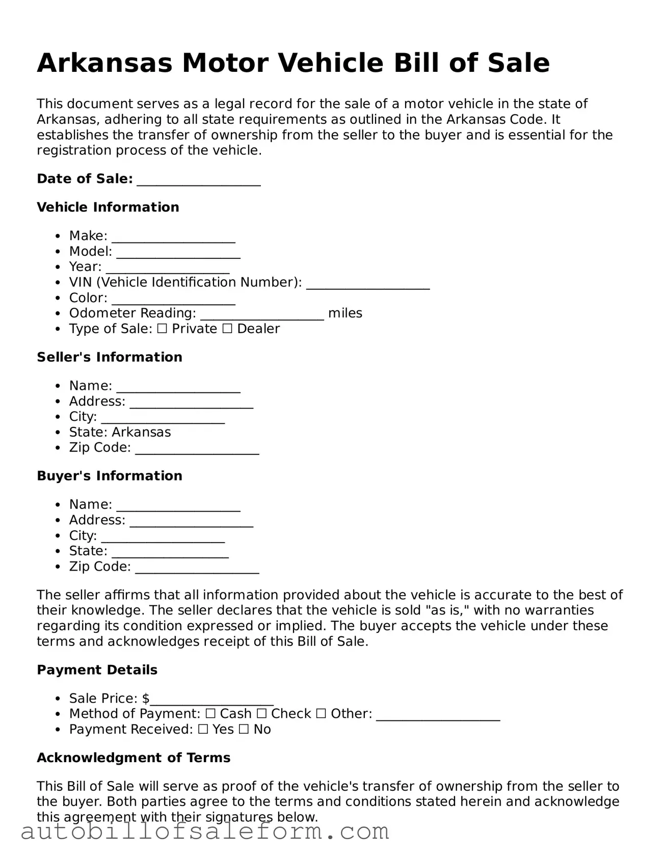 Free  Motor Vehicle Bill of Sale Template for Arkansas