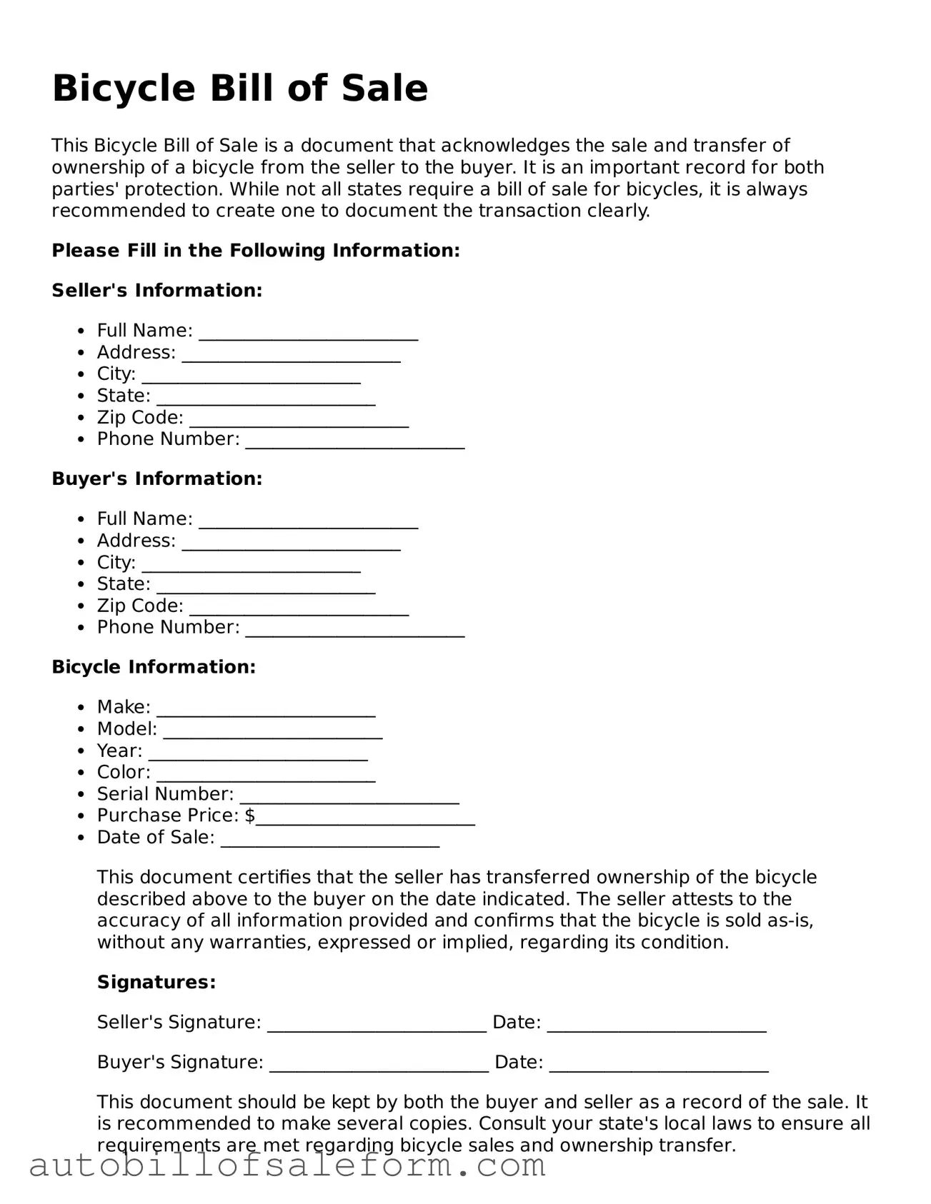 Legal Bicycle Bill of Sale Form
