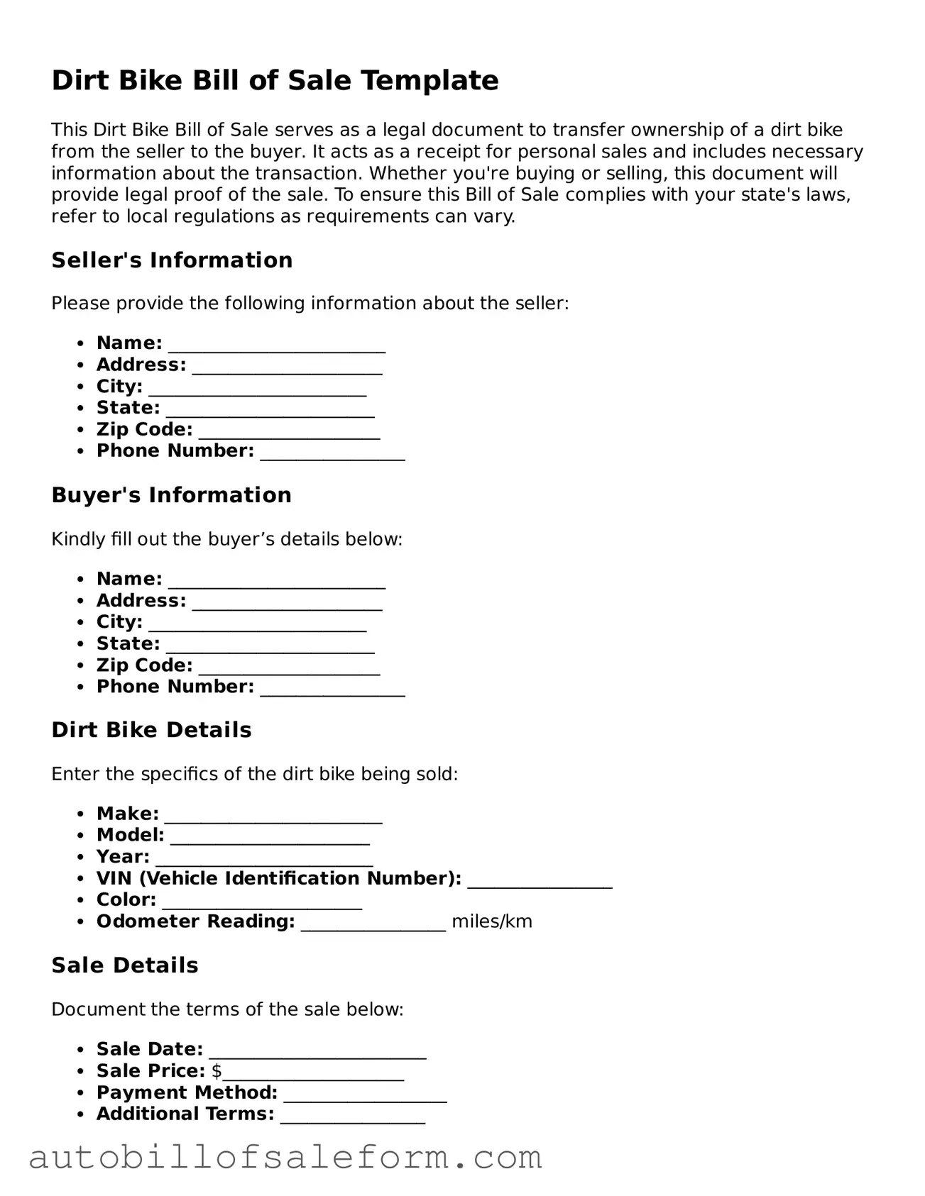 Legal Dirt Bike Bill of Sale Form