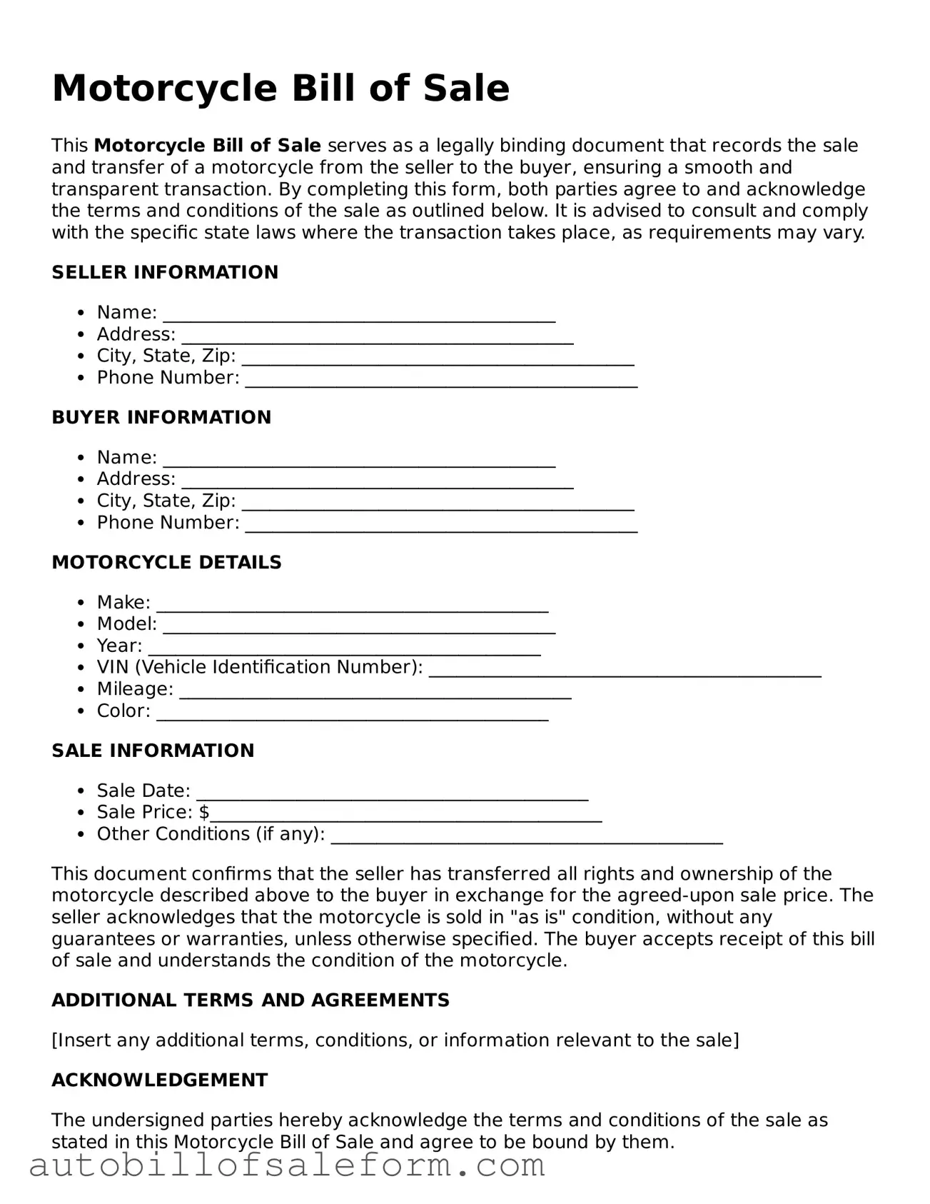 Legal Motorcycle Bill of Sale Form