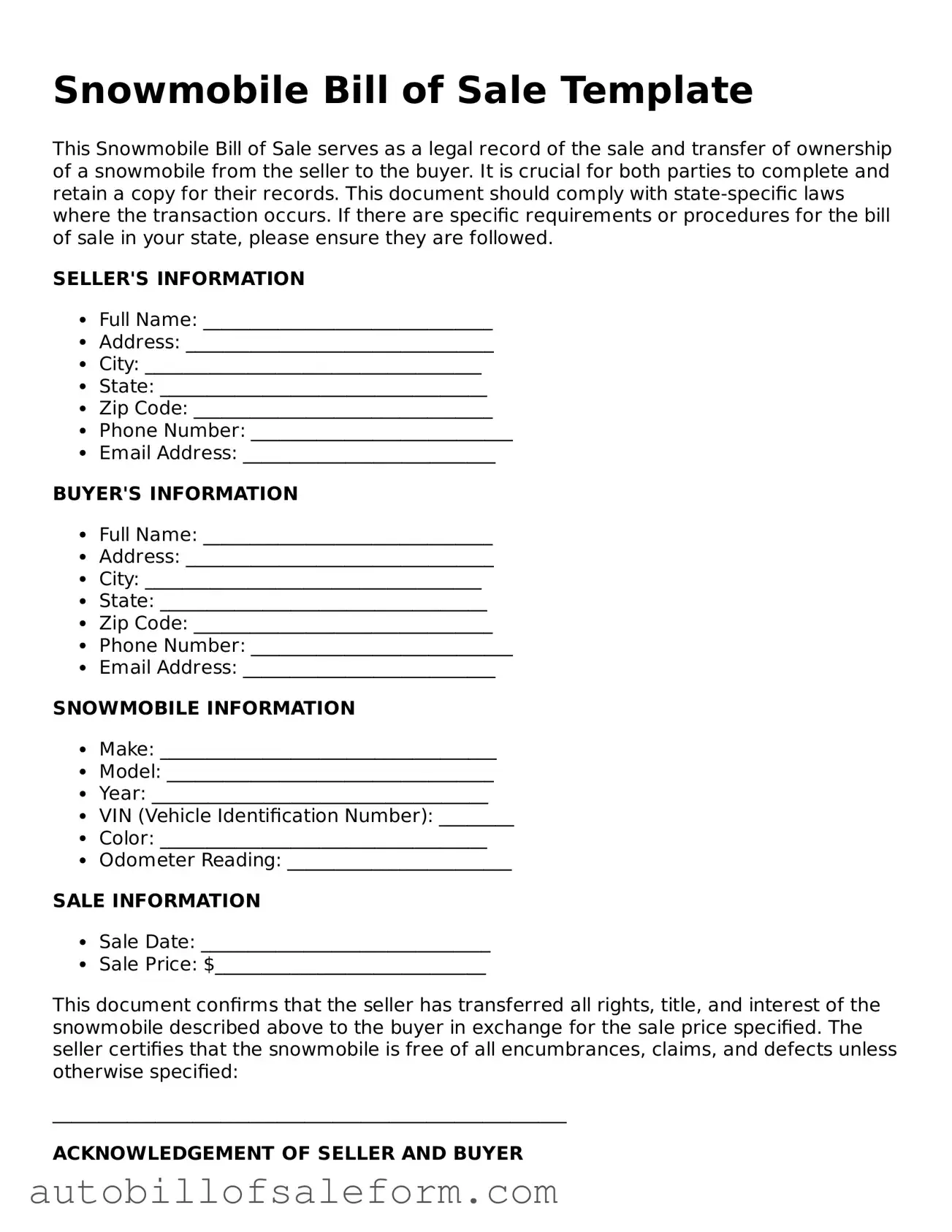 Legal Snowmobile Bill of Sale Form