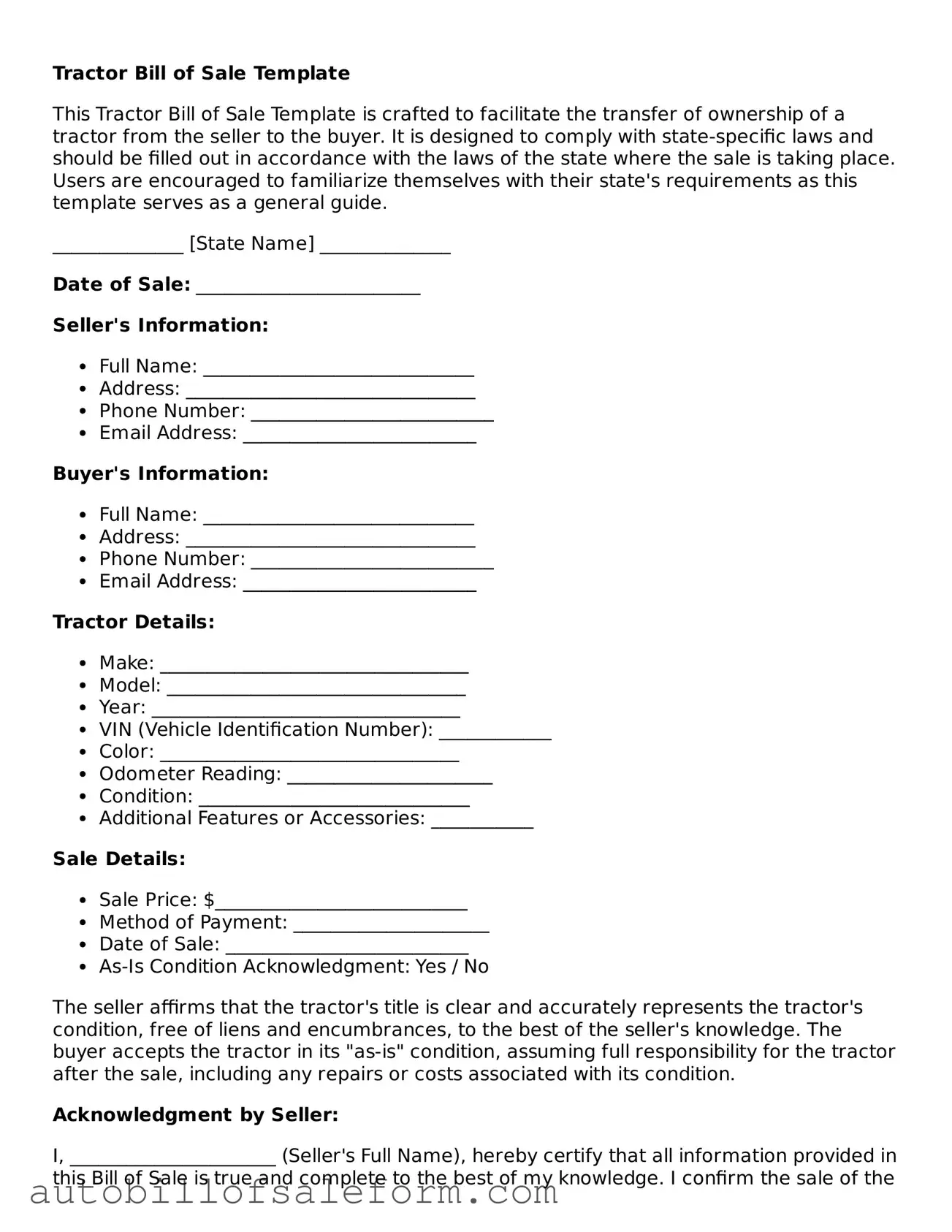 Legal Tractor Bill of Sale Form