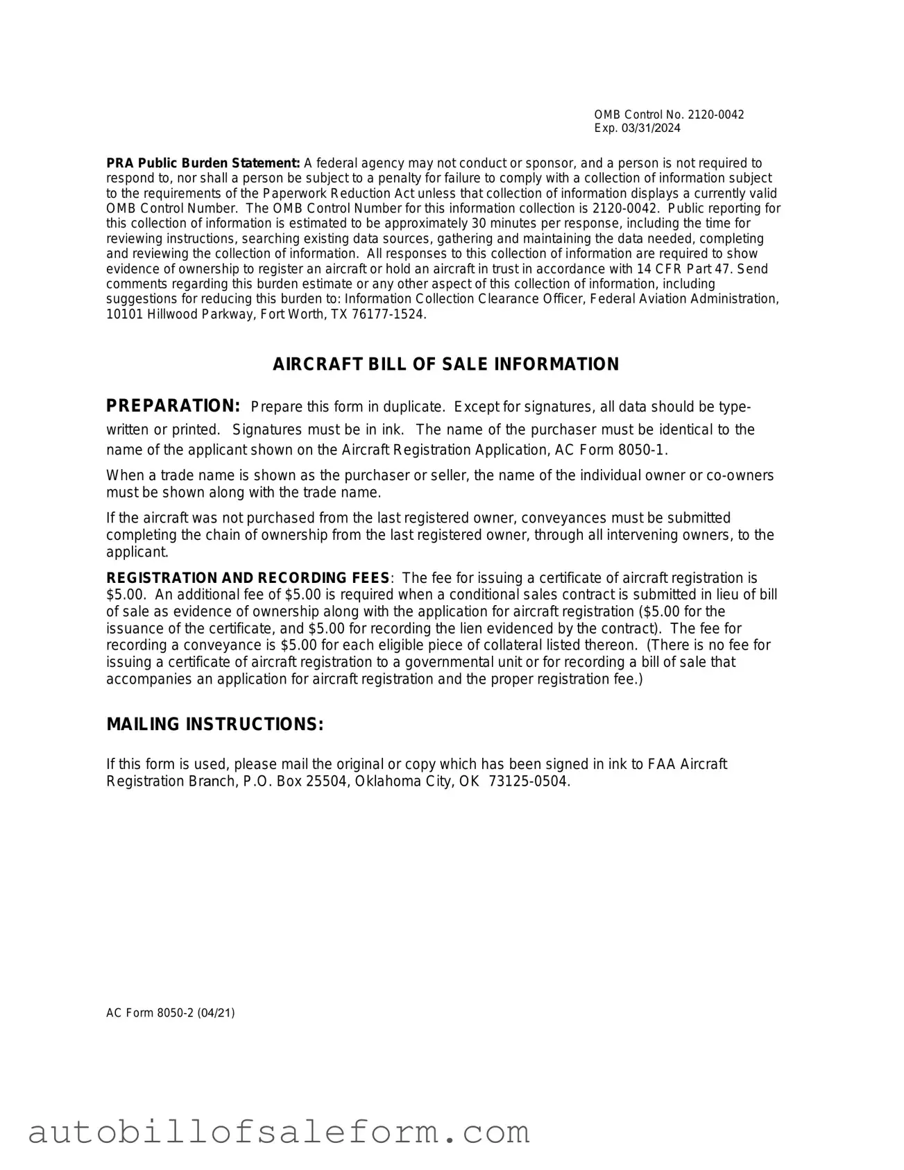 Fill Your Aircraft Bill of Sale AC 8050-2 Template