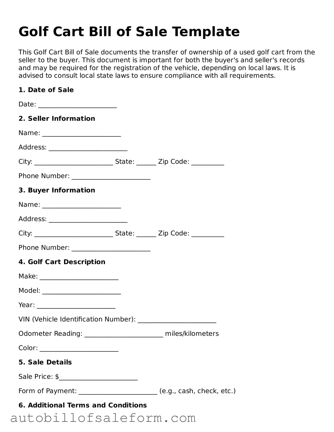 Legal Golf Cart Bill of Sale Form