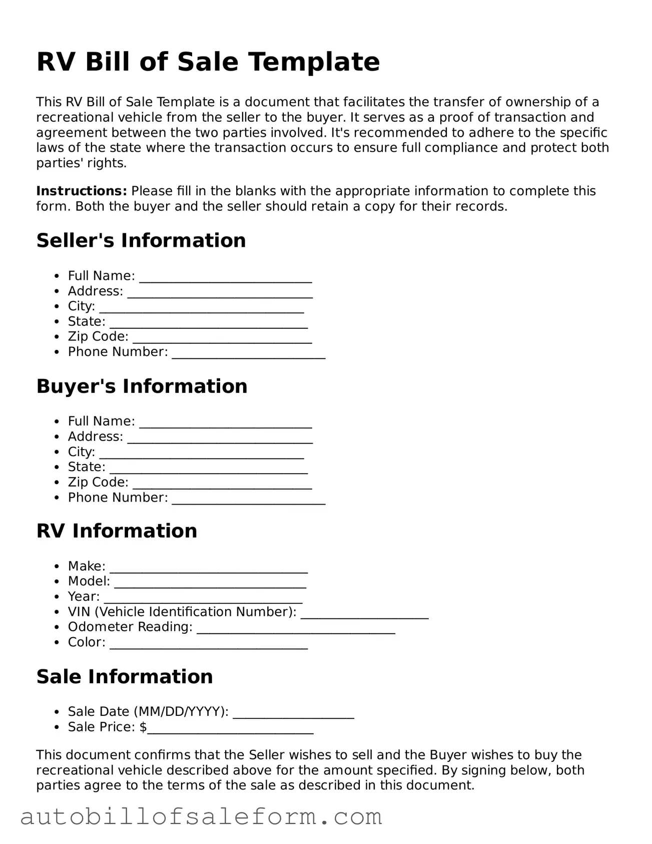 Legal RV Bill of Sale Form