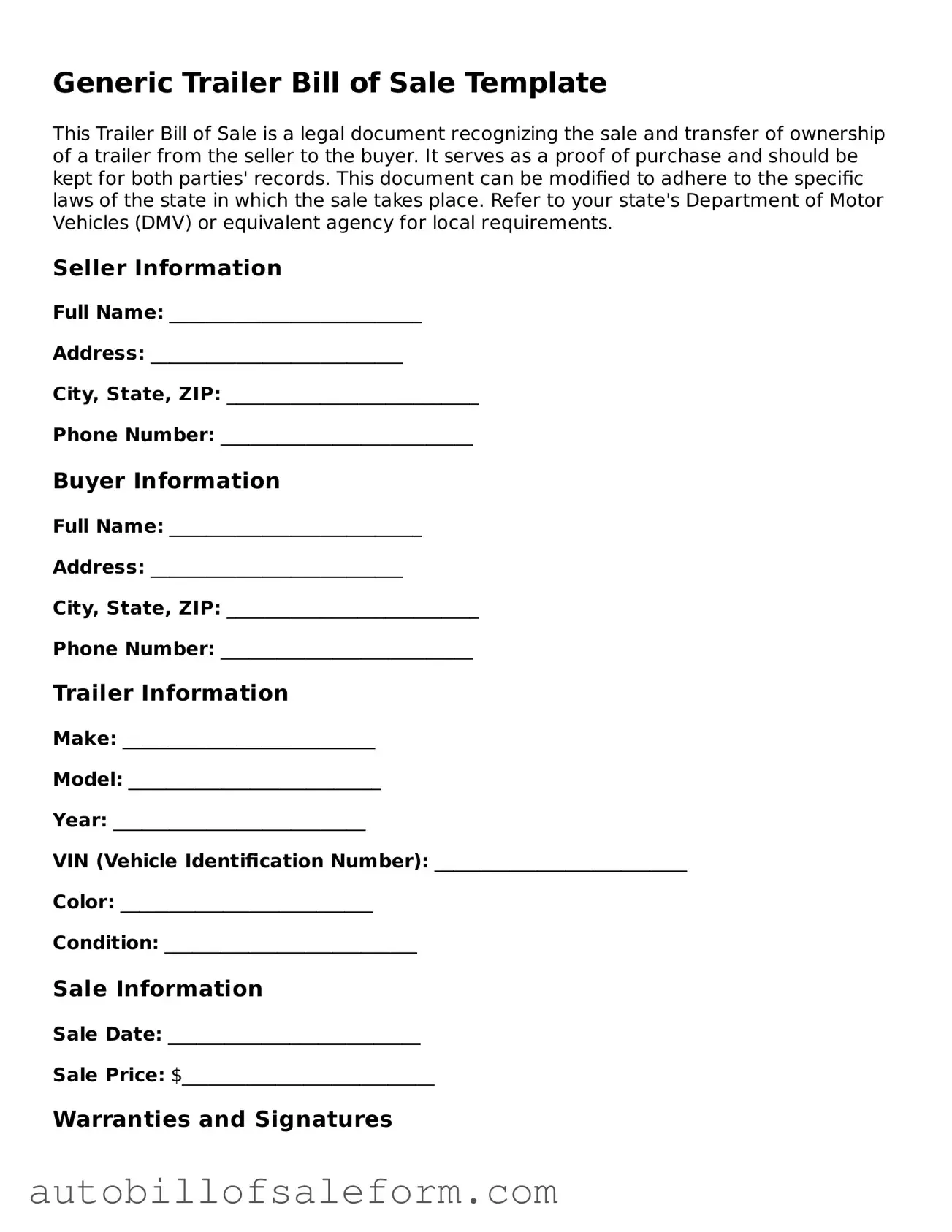 Legal Trailer Bill of Sale Form