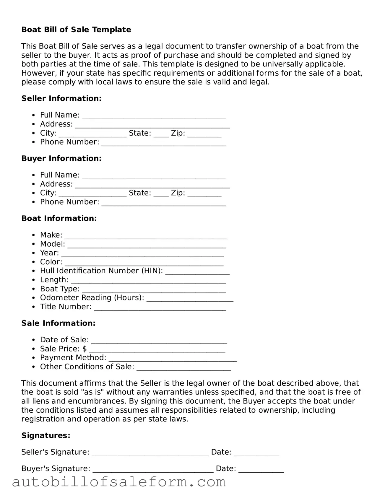 Legal Boat Bill of Sale Form