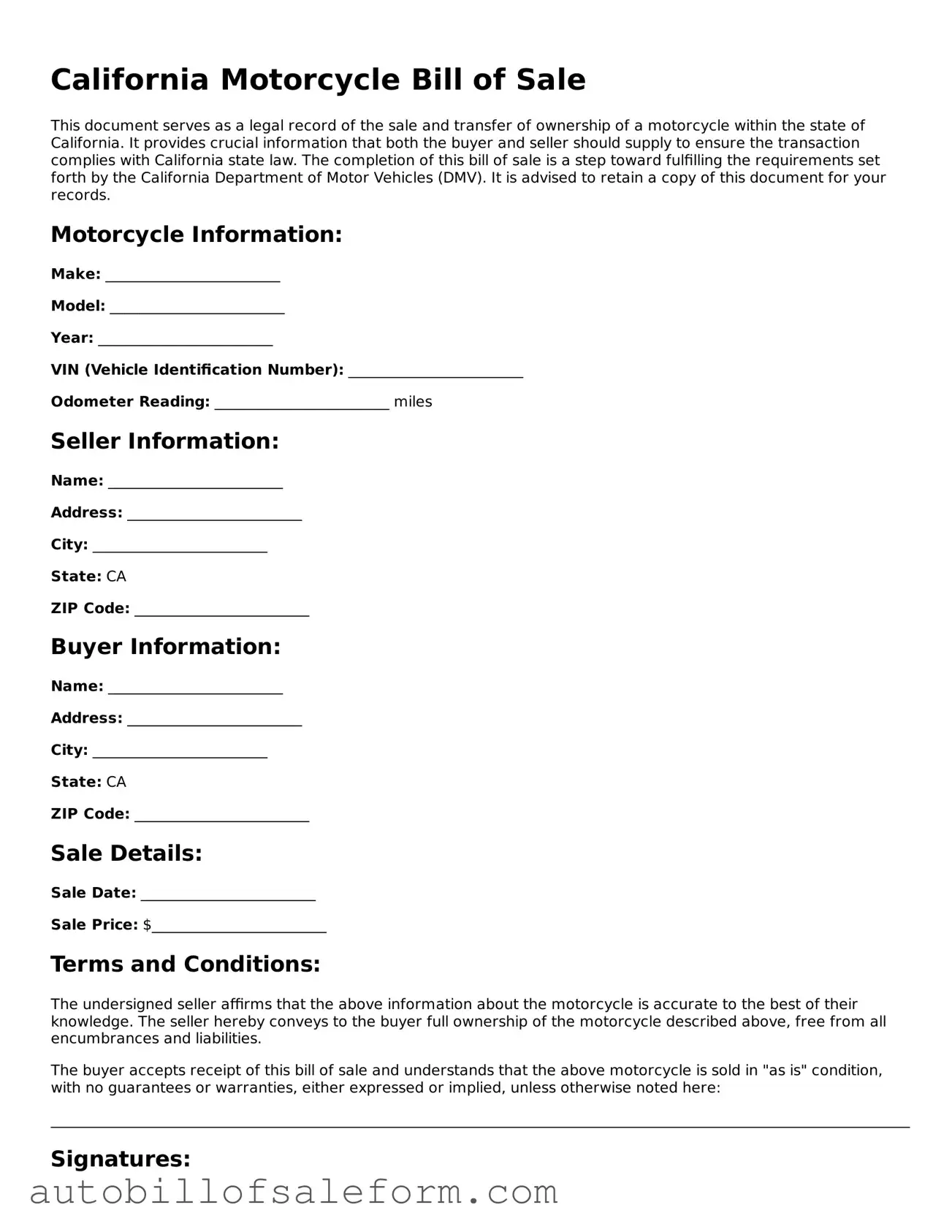 Free  Motorcycle Bill of Sale Template for California