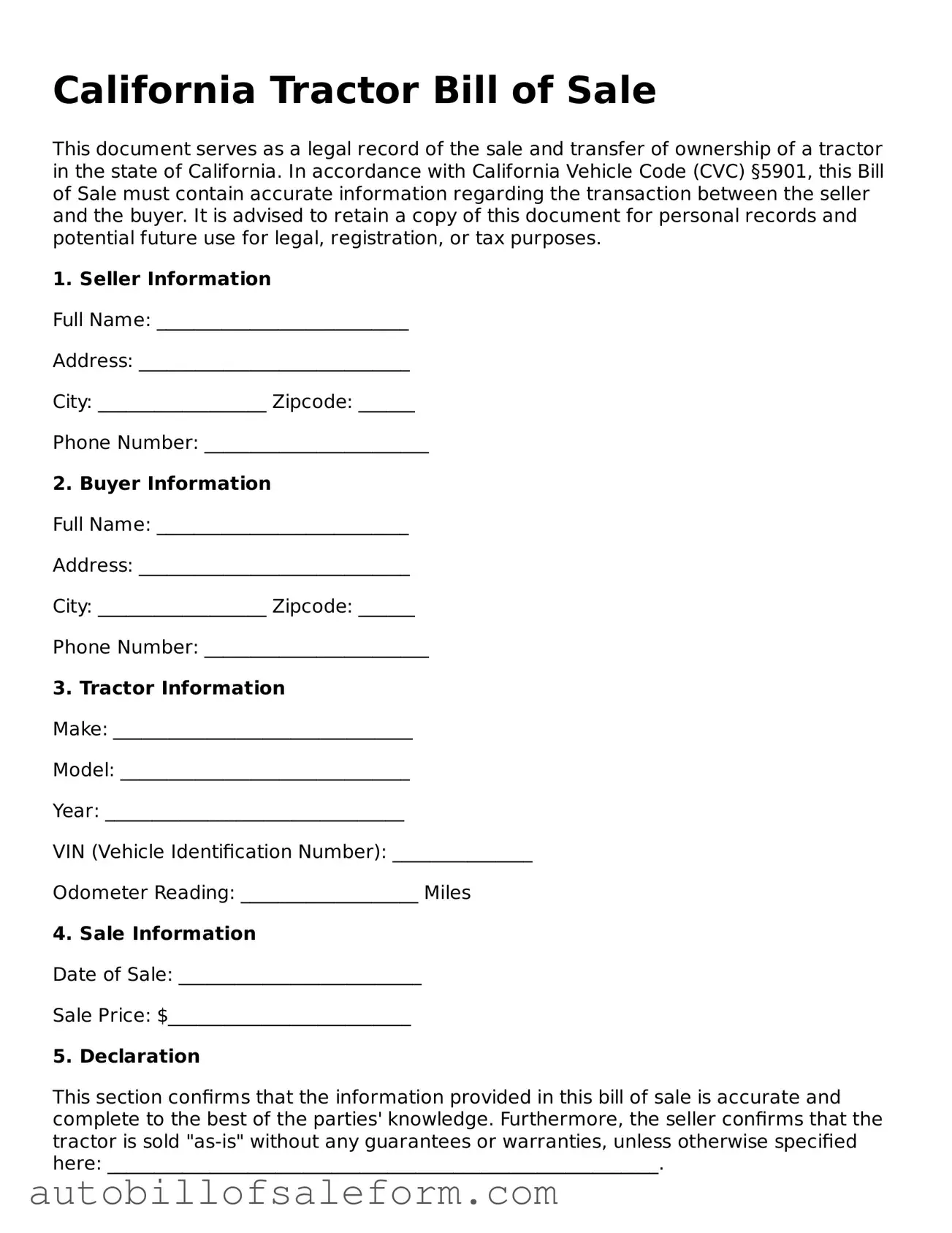 Free  Tractor Bill of Sale Template for California