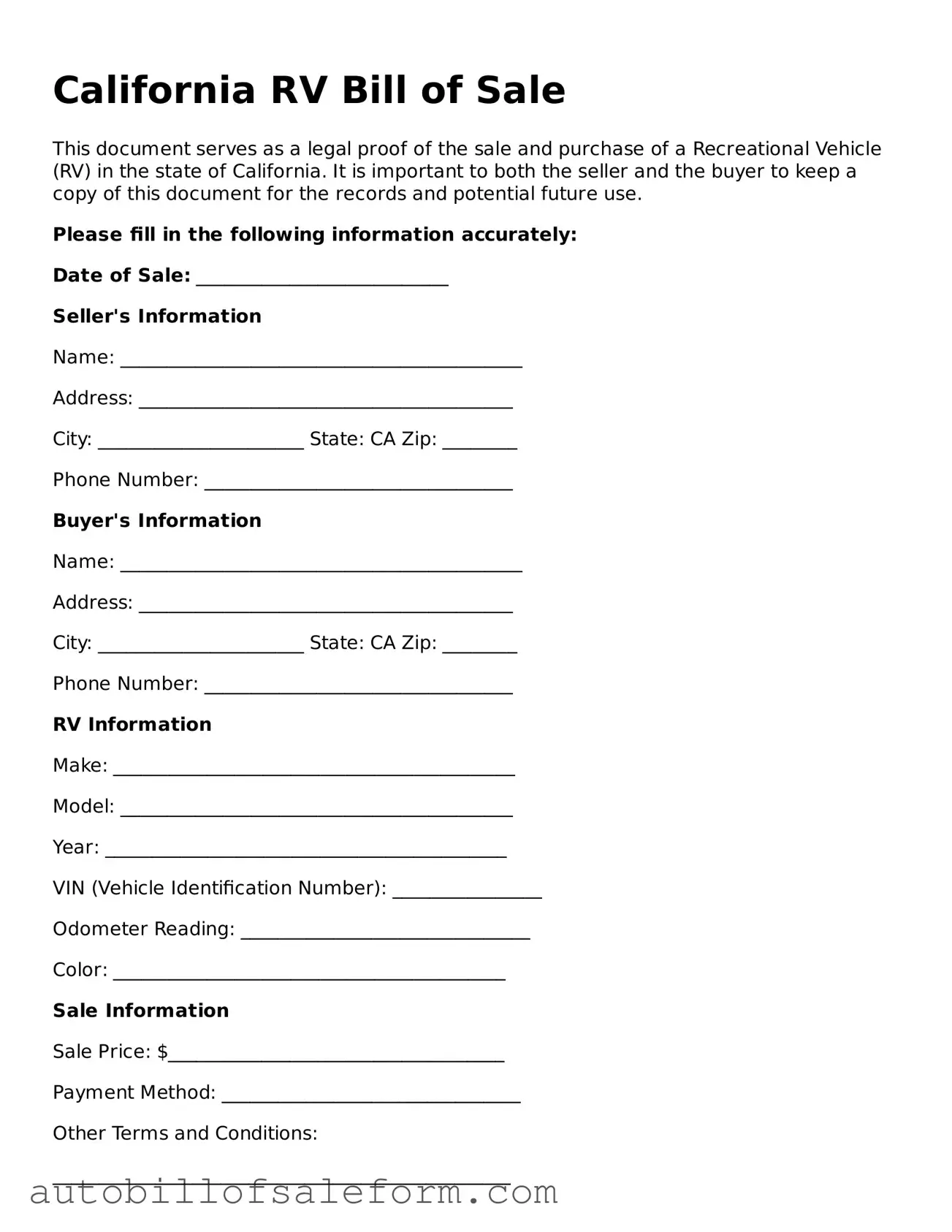 Free  RV Bill of Sale Template for California