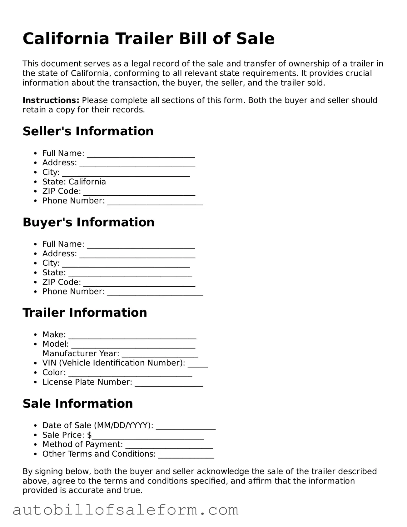 Free  Trailer Bill of Sale Template for California