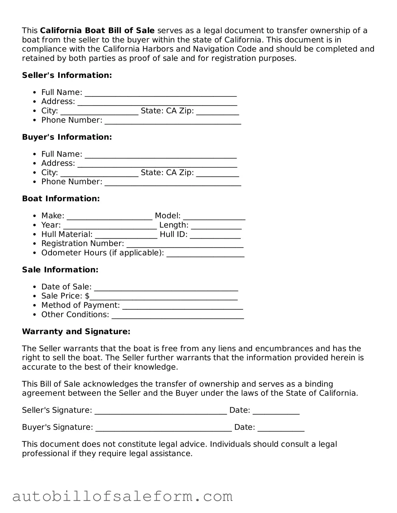 Free  Boat Bill of Sale Template for California