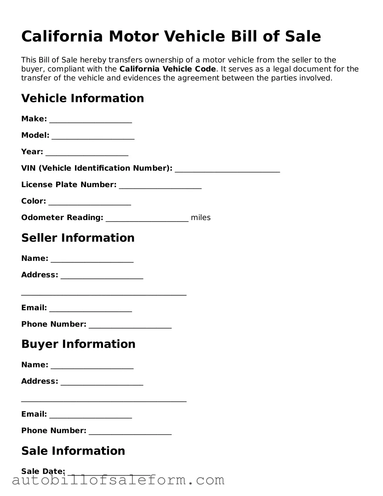 Free  Motor Vehicle Bill of Sale Template for California