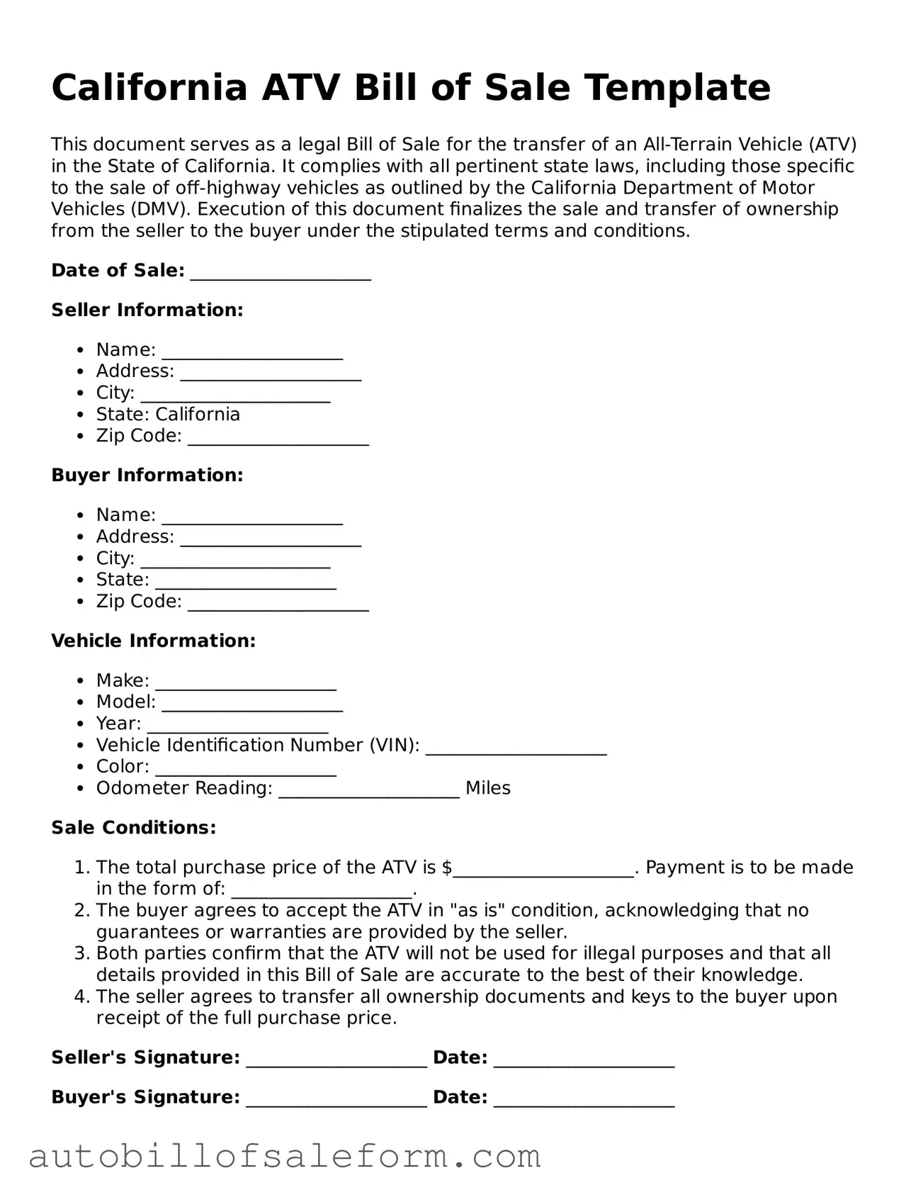 Free  ATV Bill of Sale Template for California
