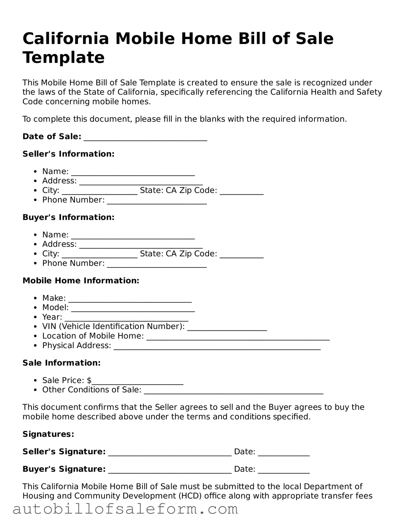 Free  Mobile Home Bill of Sale Template for California