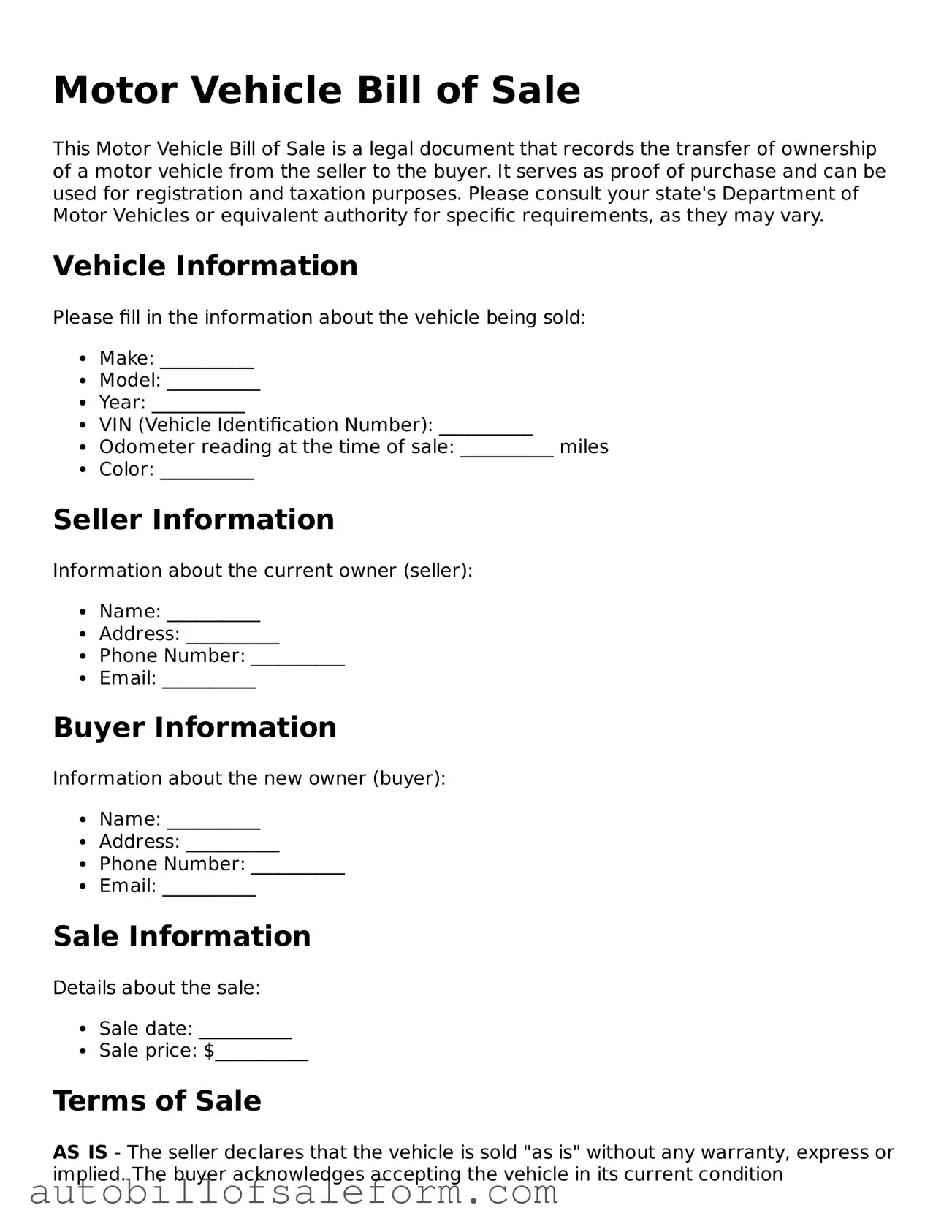 Legal Motor Vehicle Bill of Sale Form