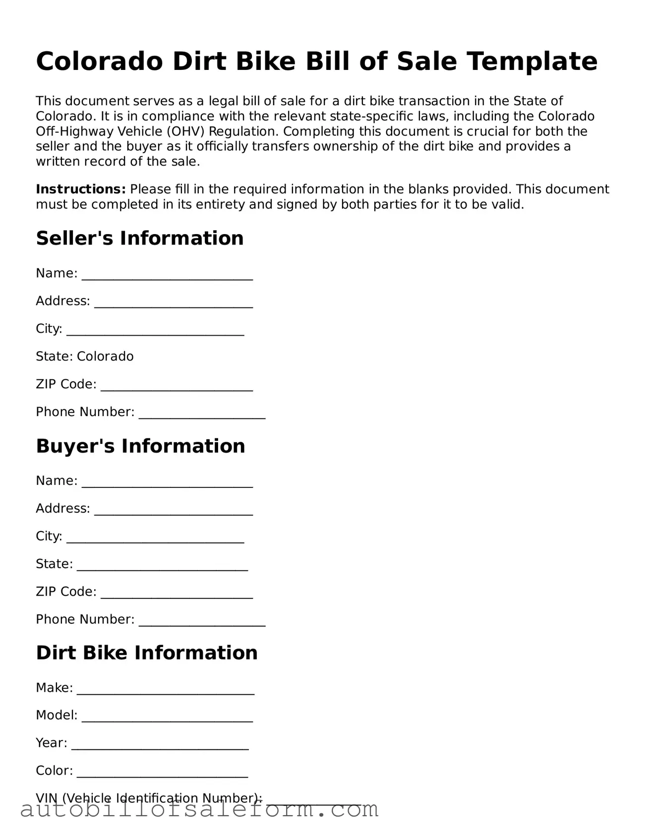Free  Dirt Bike Bill of Sale Template for Colorado