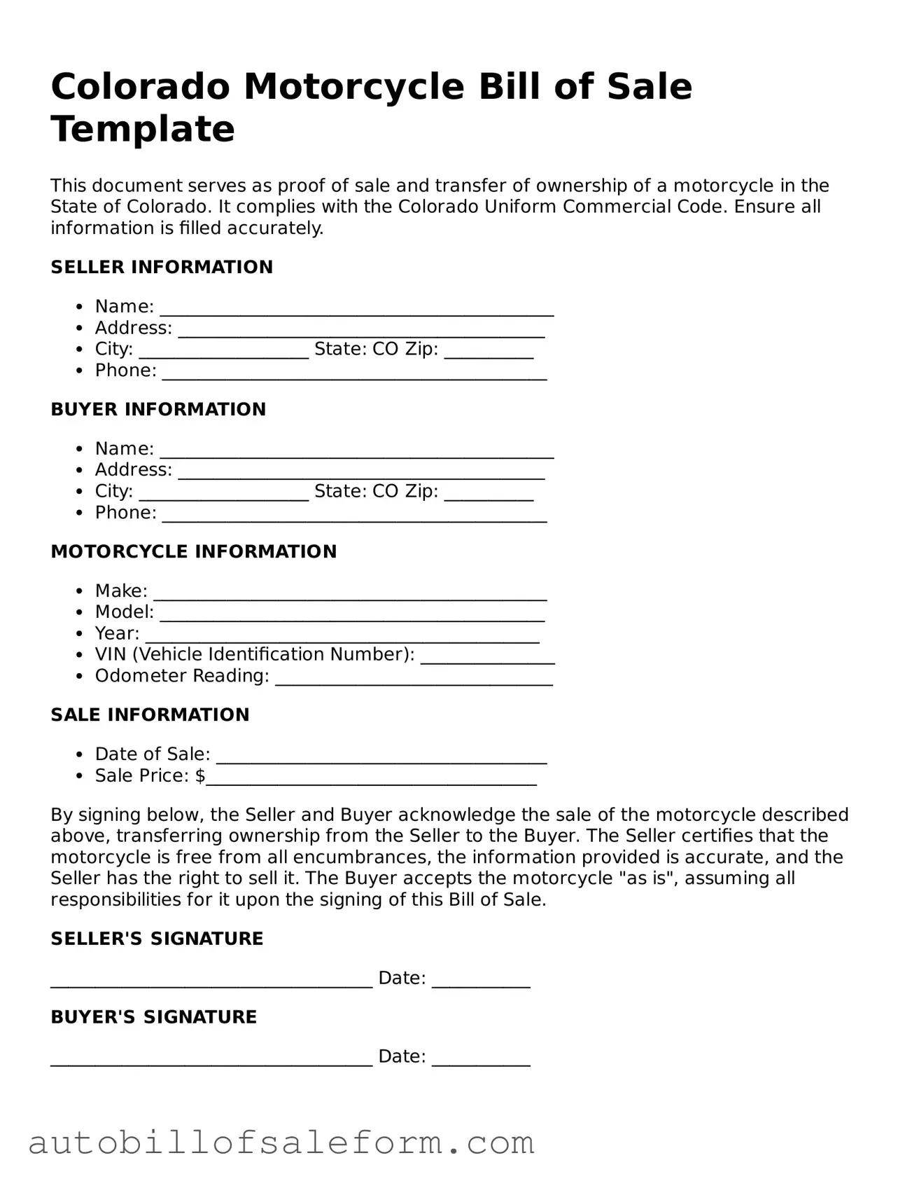 Free  Motorcycle Bill of Sale Template for Colorado