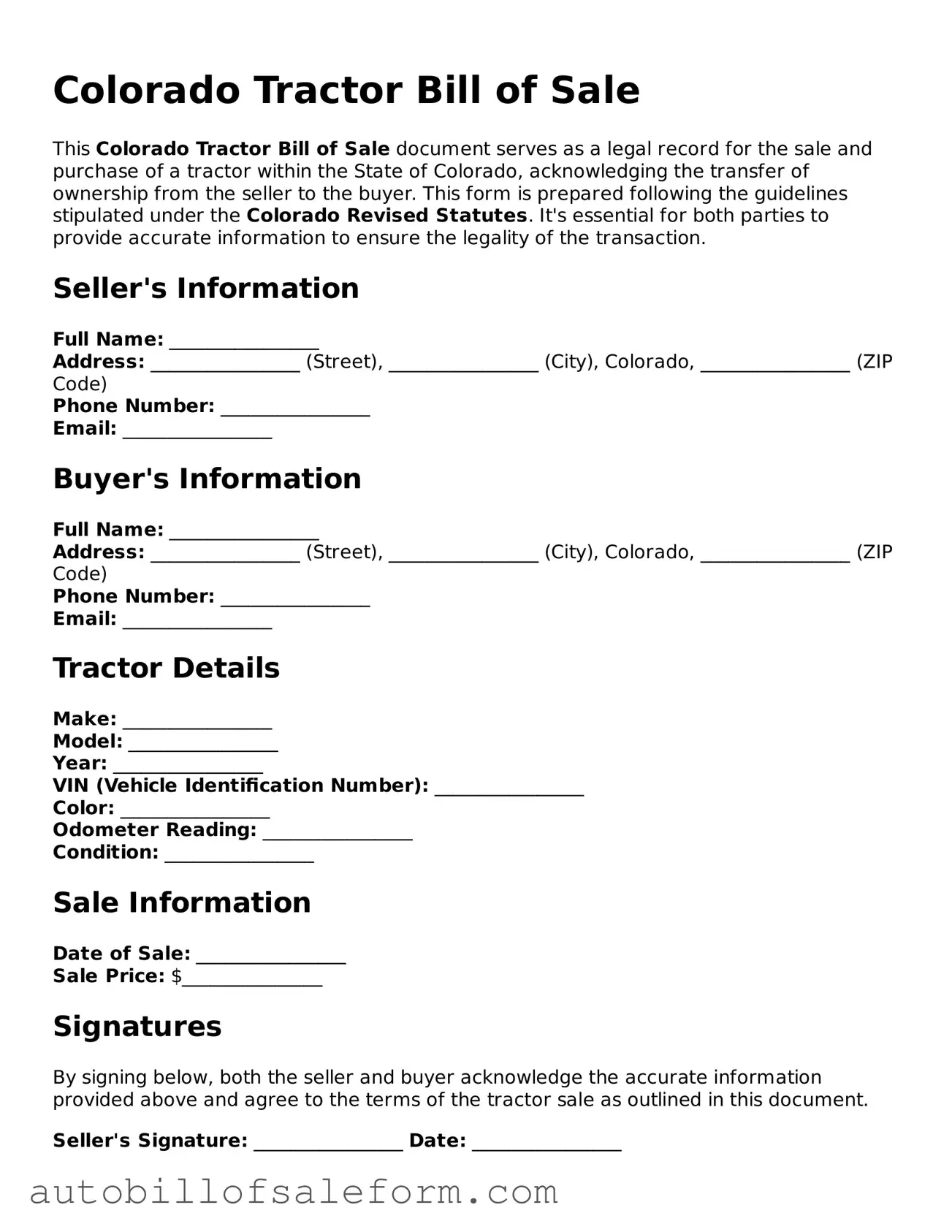 Free  Tractor Bill of Sale Template for Colorado
