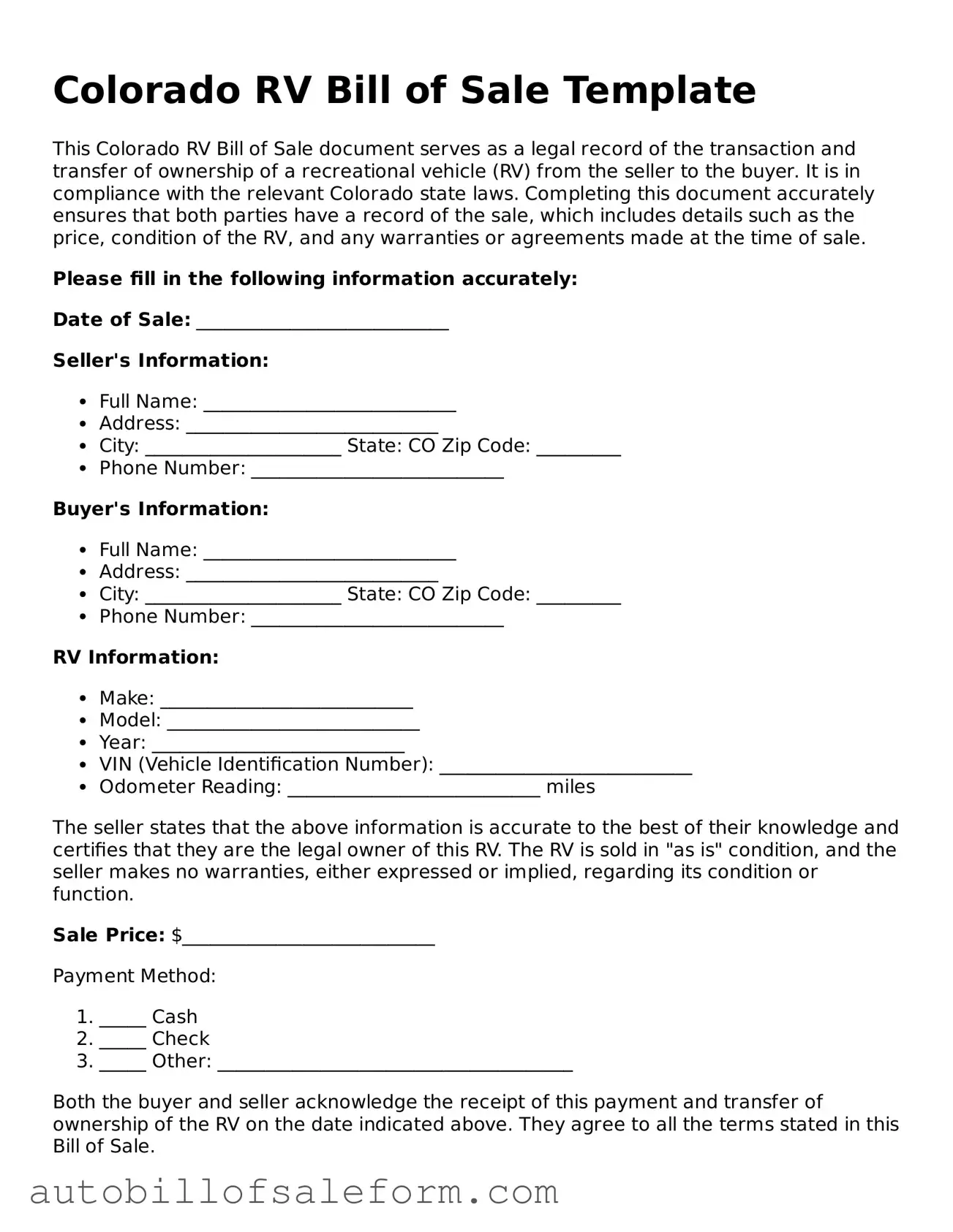 Free  RV Bill of Sale Template for Colorado