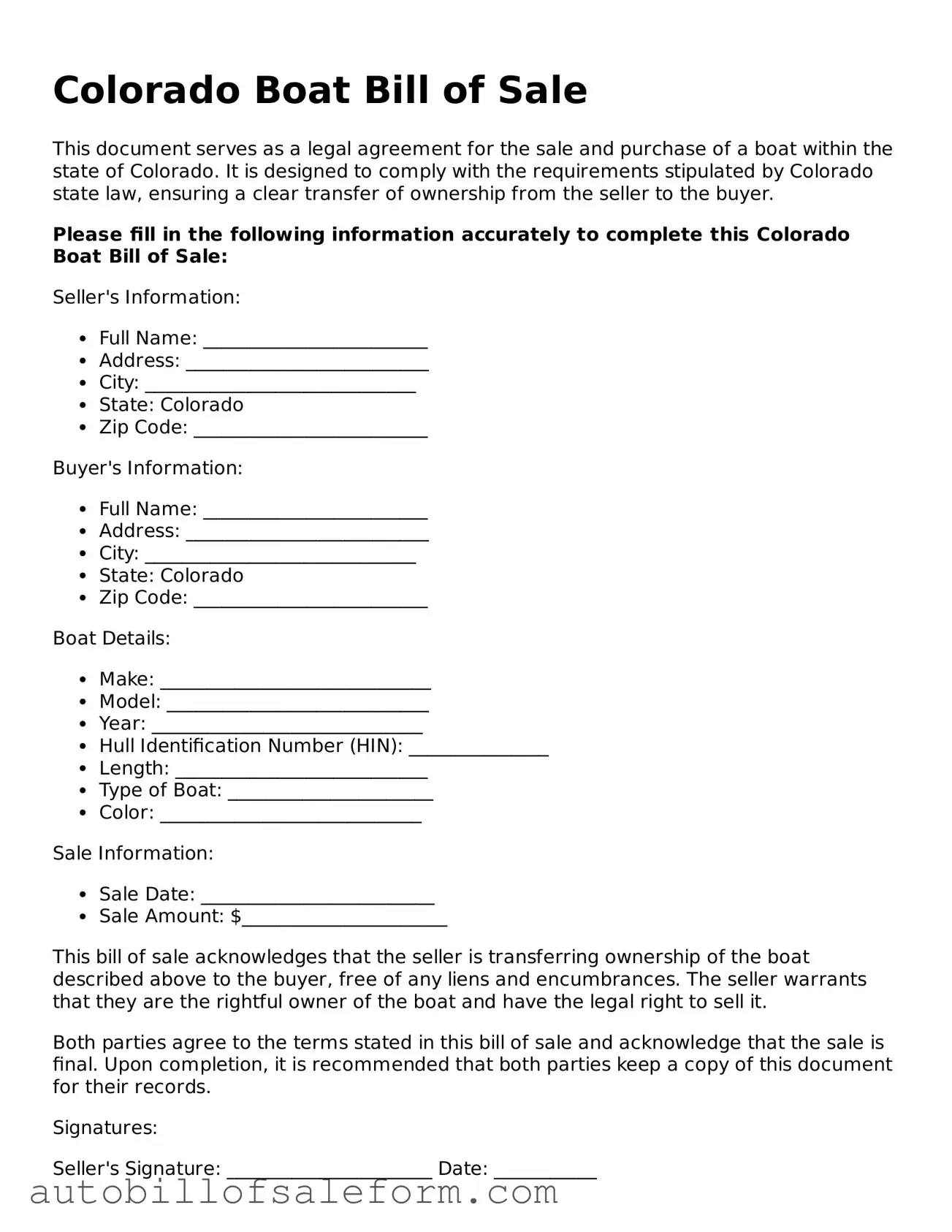 Free  Boat Bill of Sale Template for Colorado